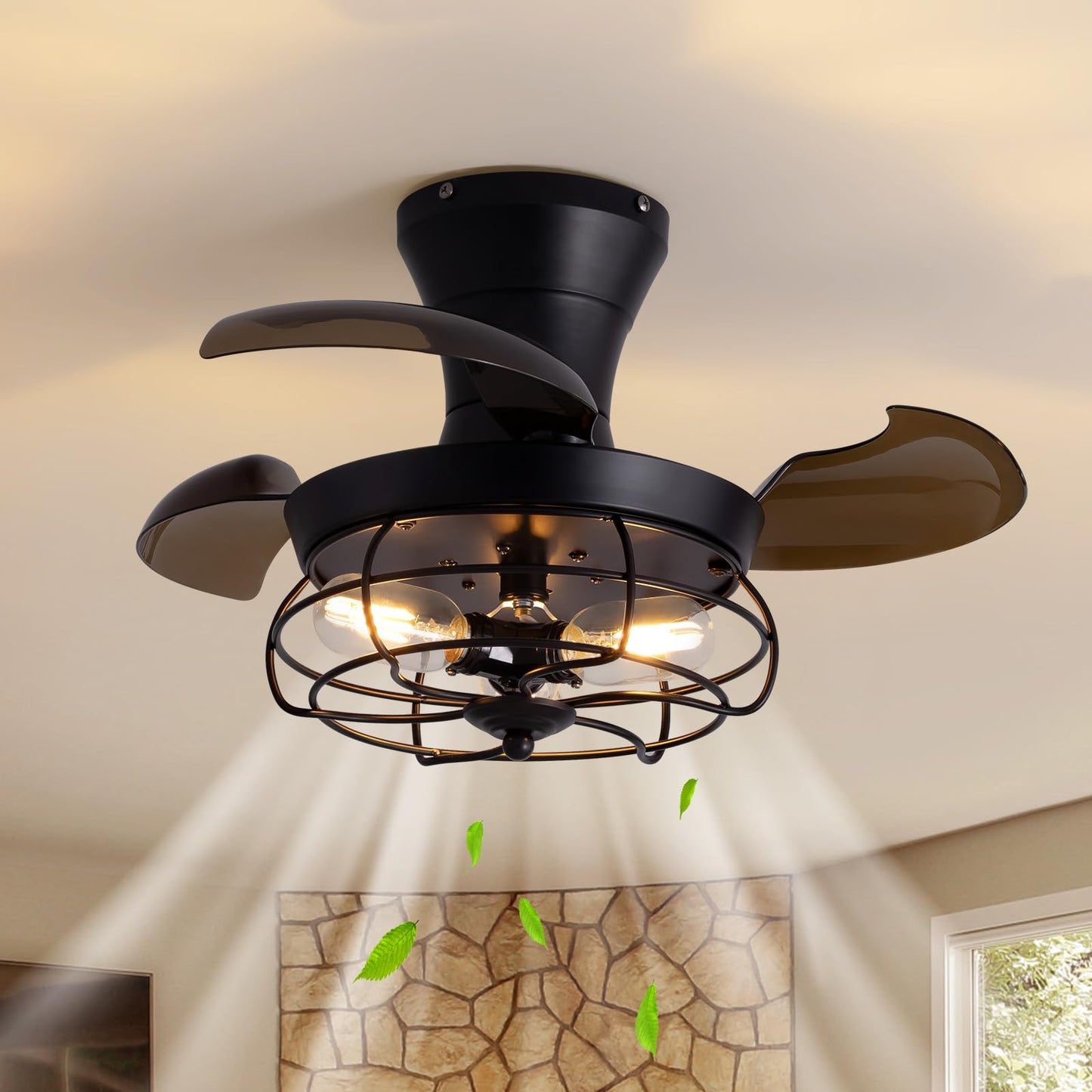 CROSSIO 22" Retractable Ceiling Fans with Lights, Black Caged Fandelier Ceiling Fans with Remote, 6 Wind Speeds,Invisible Blades, Industrial Flush