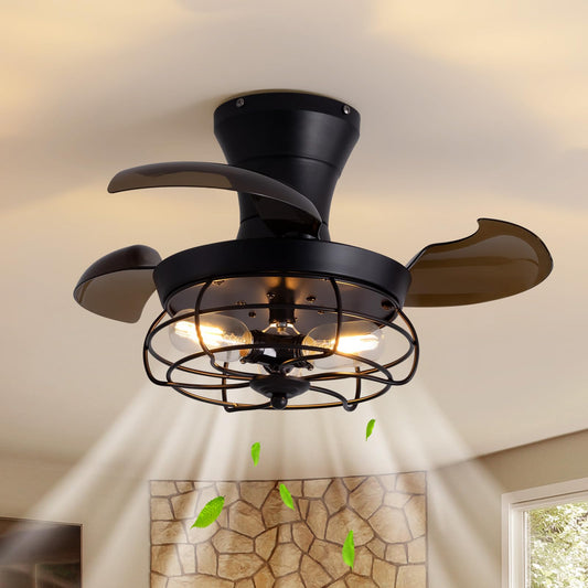 CROSSIO 22" Retractable Ceiling Fans with Lights, Black Caged Fandelier Ceiling Fans with Remote, 6 Wind Speeds,Invisible Blades, Industrial Flush