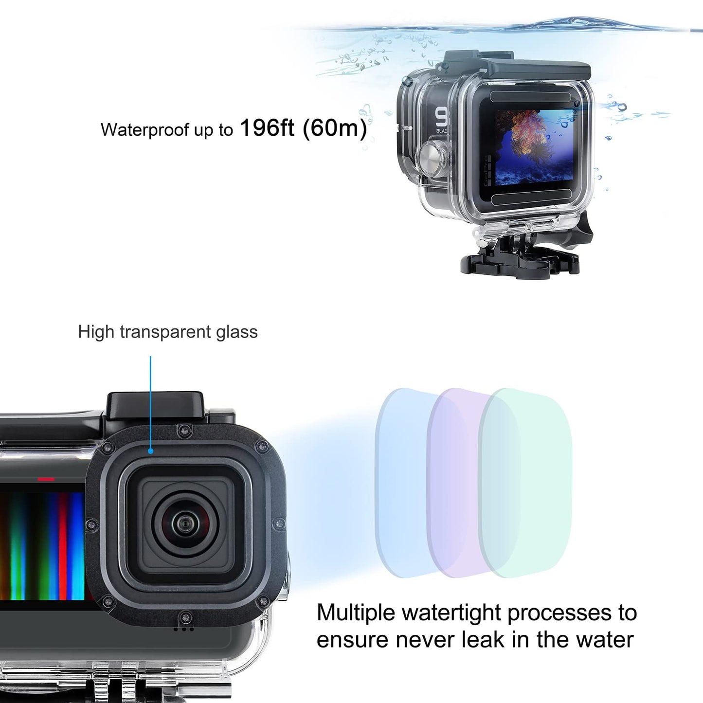 SOONSUN Waterproof Case with Dive Filters for GoPro Hero 13/12 / 11/10 / 9 Black, 196 Feet Underwater Protective Dive Housing Case with Red, Light