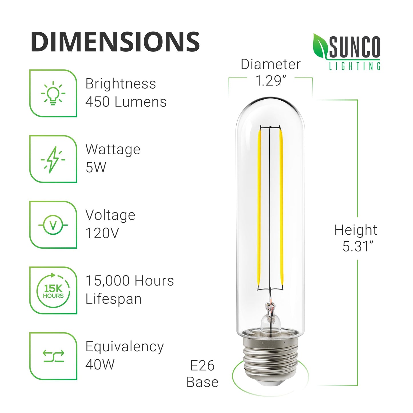 Sunco 6 Pack Dusk to Dawn T10 LED Bulb, 5W=40W, Edison Tubular Light