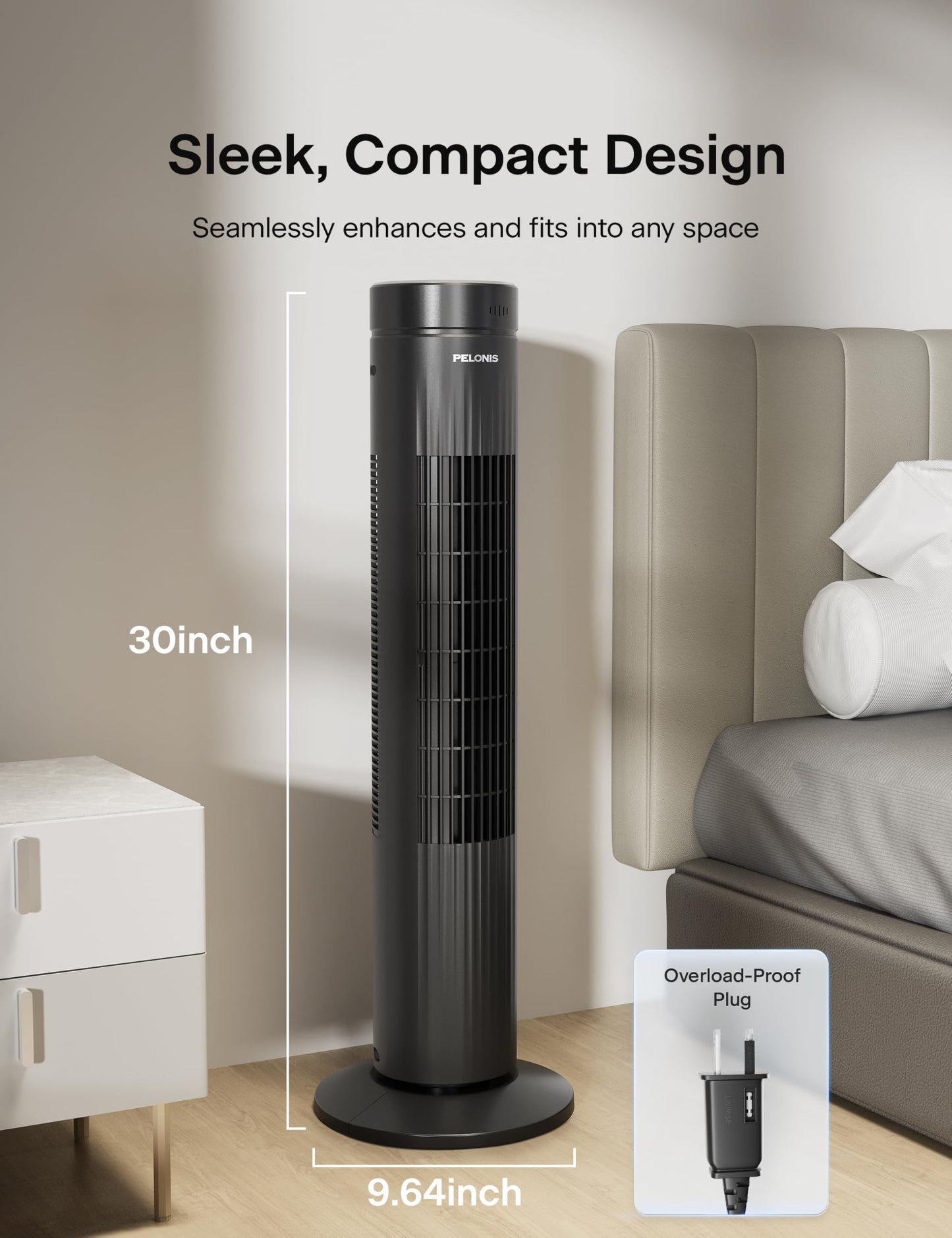 PELONIS 30-Inch Oscillating Tower Fan for Bedroom - 3 Speed, Quiet Tower Fan with Remote ControL, Small Fan, 7-Hour Timer - ETL Certified, Black
