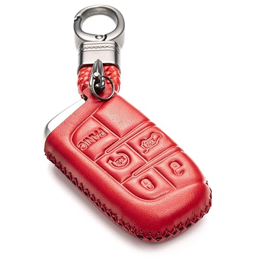 Vitodeco Genuine Leather Smart Key Keyless Remote Entry Fob Case Cover Compatible for Jeep, Dodge, Chrysler (2014 - 2022 Models) - 3 to 5 Buttons, Red