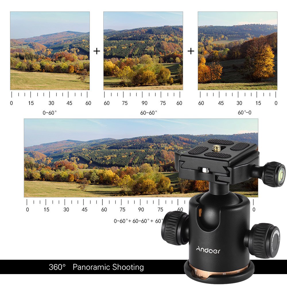 Andoer Tripod Ball Head, 360 Degree Rotating Panoramic Ball Head with Quick Release Plate 1/4 to 3/8 Screw Adapter Max 8kg/17.64lbs for Tripod Monopod
