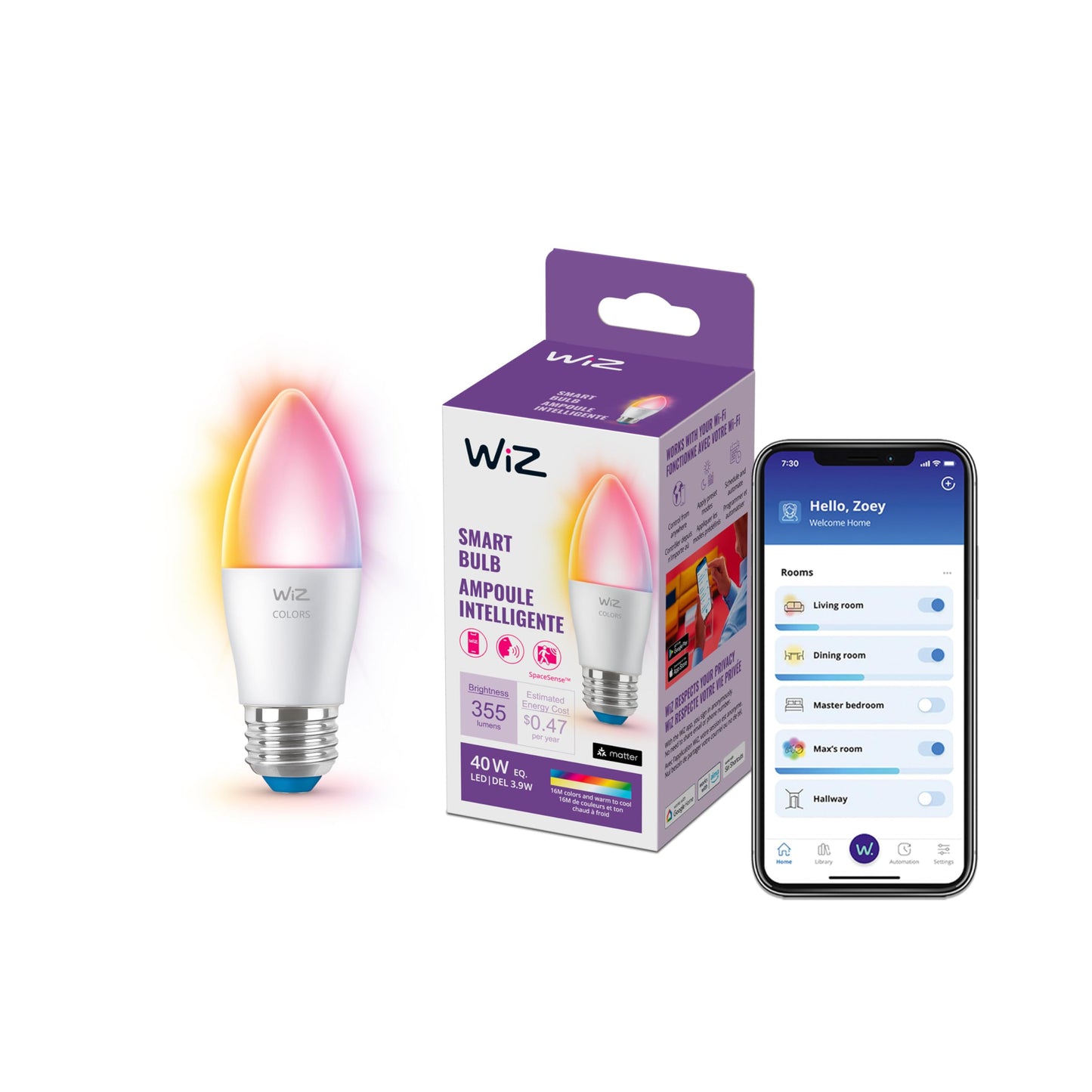 WiZ Connected 40W B12 Color LED Smart Candle-Shaped Bulb - Pack of 1 - E26- Indoor - Connects to Your Existing Wi-Fi - Control with Voice or App +