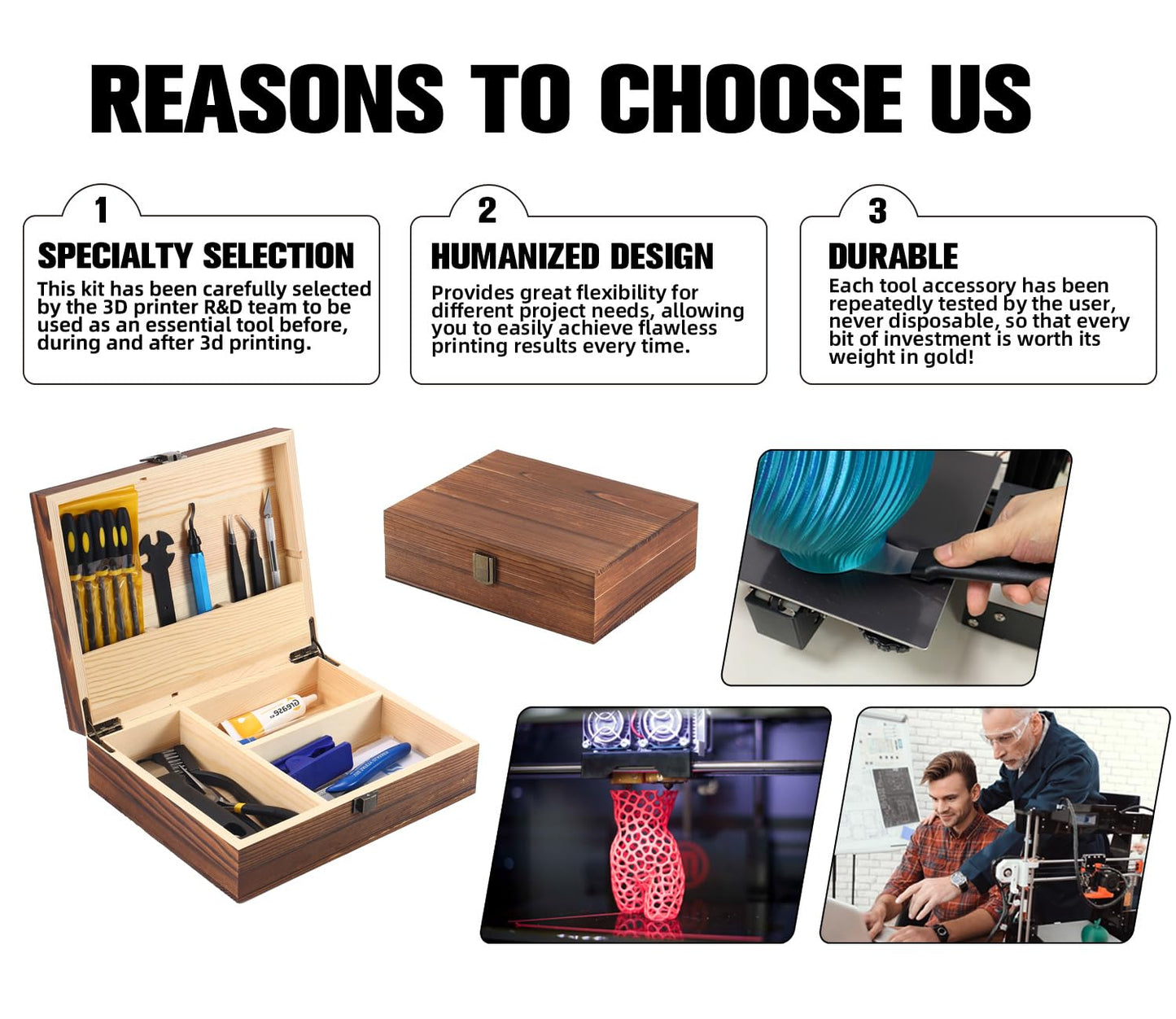 SHUAIAIW 3D Printer Tool Kit with Wooden Box - 3D Printing Accessories Include Nozzle Cleaning Kit, Deburring Tool, Scraper - Suitable for 3D