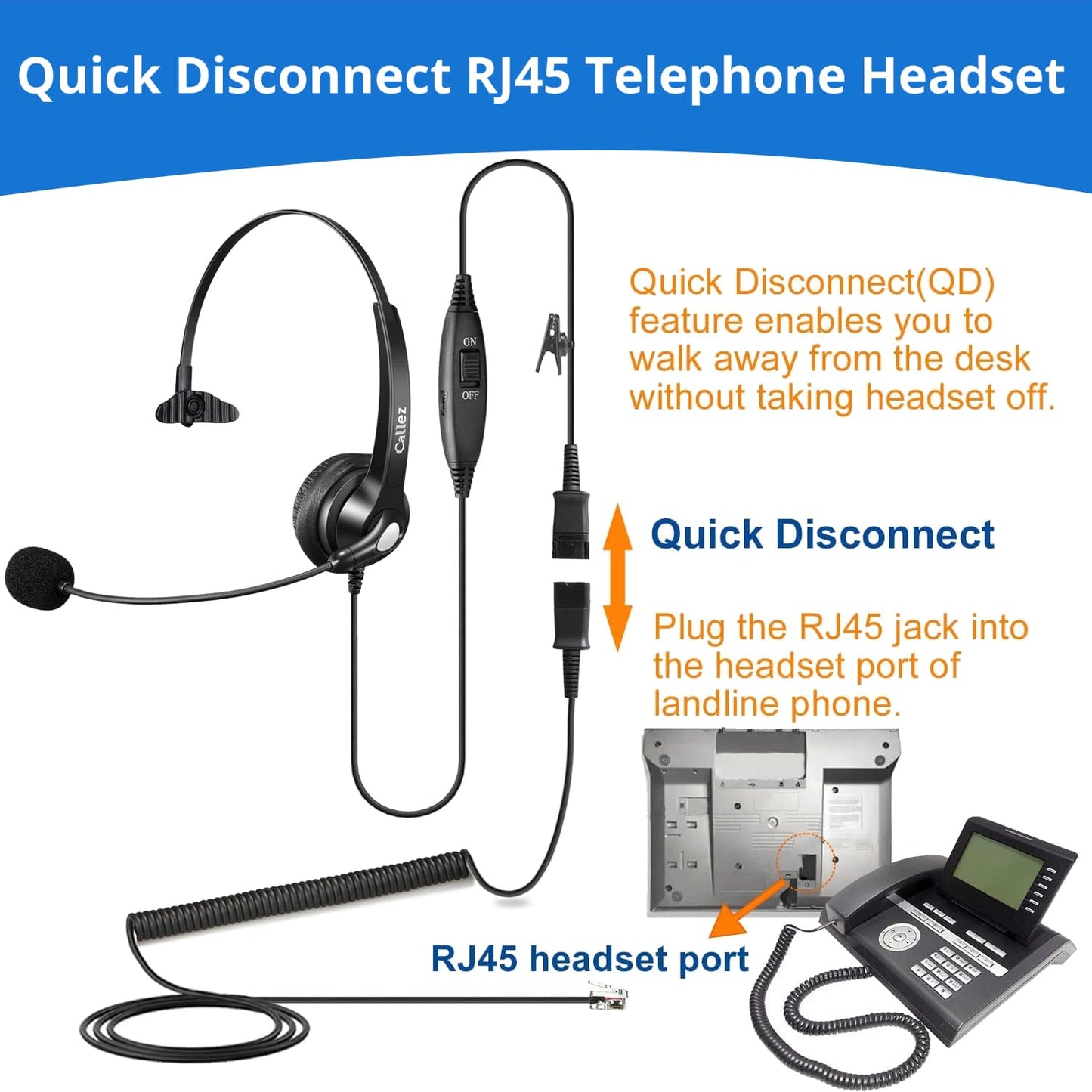 Callez RJ45 Telephone Headset with Microphone Noise Cancelling, Mono Quick Disconnect Phone Headset Compatible with Mitel/Aastra 6865i 6867i 6869i