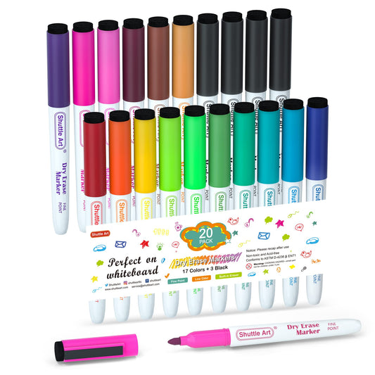 Shuttle Art Dry Erase Markers, 20 Pack 17 Colors Whiteboard Markers,Bundled with 3 Extra Black,Fine Tip Dry Erase Markers for Kids,Perfect for Writing