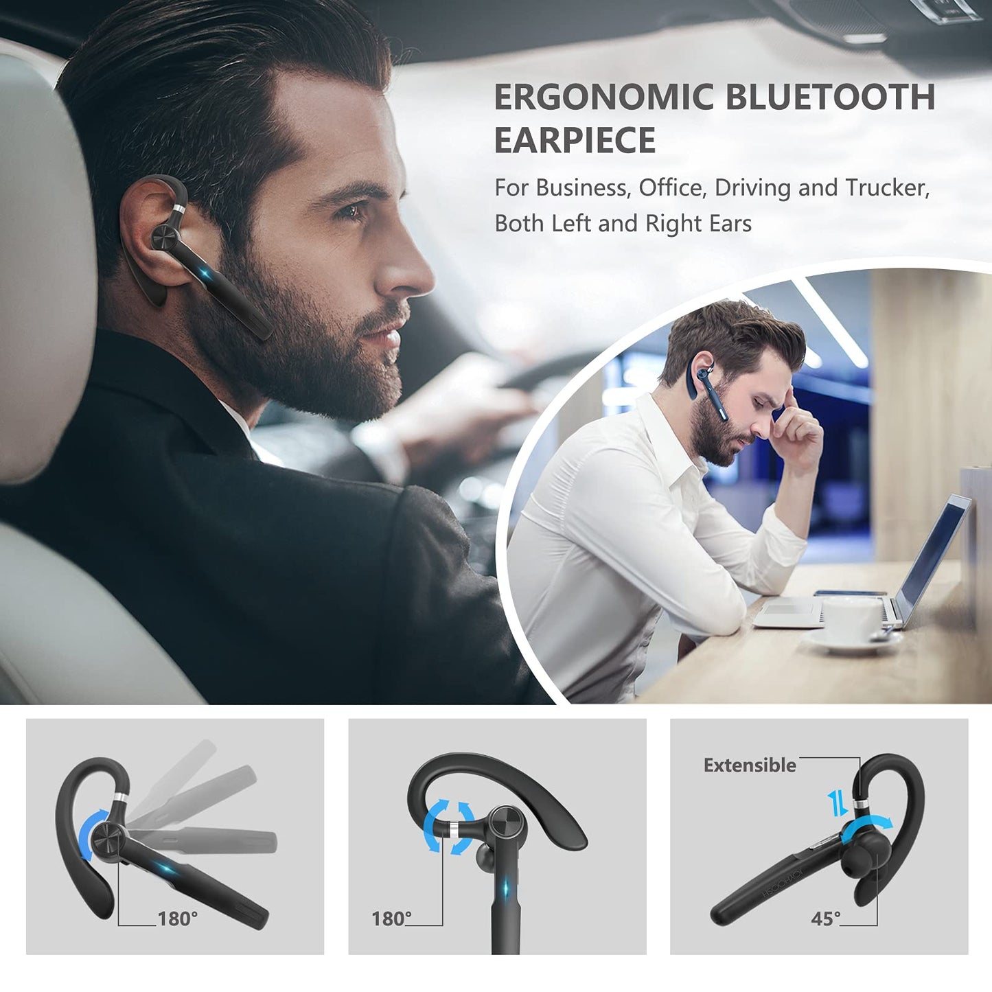 JOYHOOSH Bluetooth Earpiece with MIC, Trucker Headset 50Hrs with Charging Case, in-Ear Headphones Wireless Earphones for Business,Office and Driving