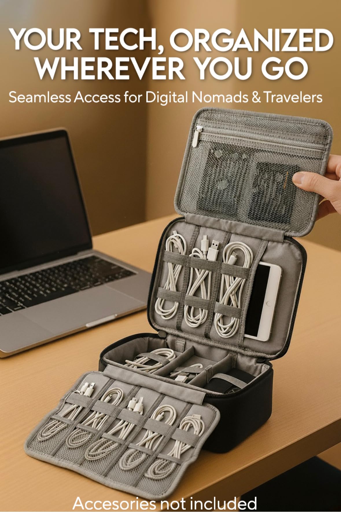eCarry Electronics Organizer Case - Multi-Layer Full Flat Opening With Compartments and Pockets - Cord Organizer for Accessories, Cables, Electronics