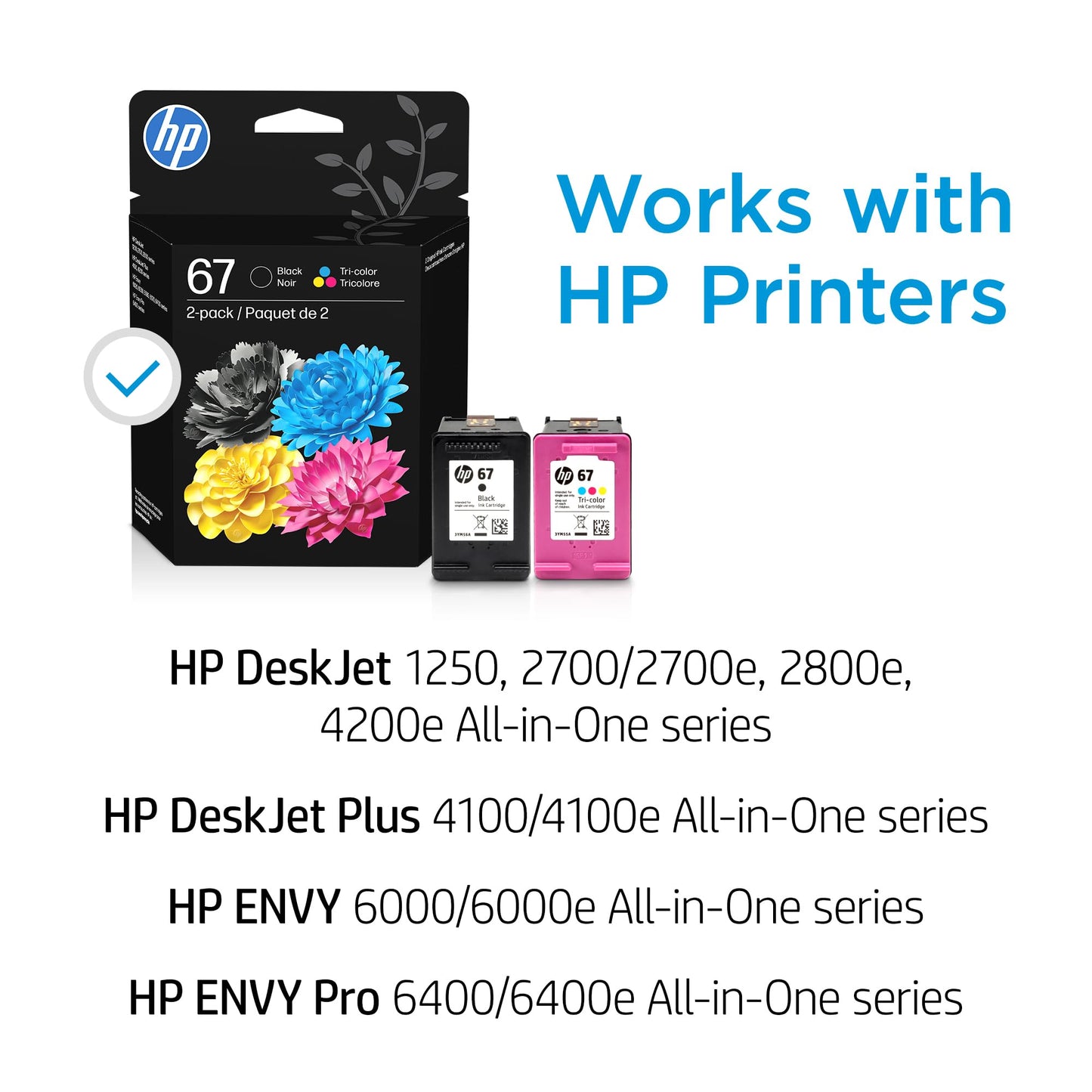 HP 67 Black/Tri-Color Ink Cartridges (2-Pack) | Works with DeskJet 1255, 2700, 4100, Envy 6000, 6400 | Instant Ink Eligible | 3YP29AN | Packaging May