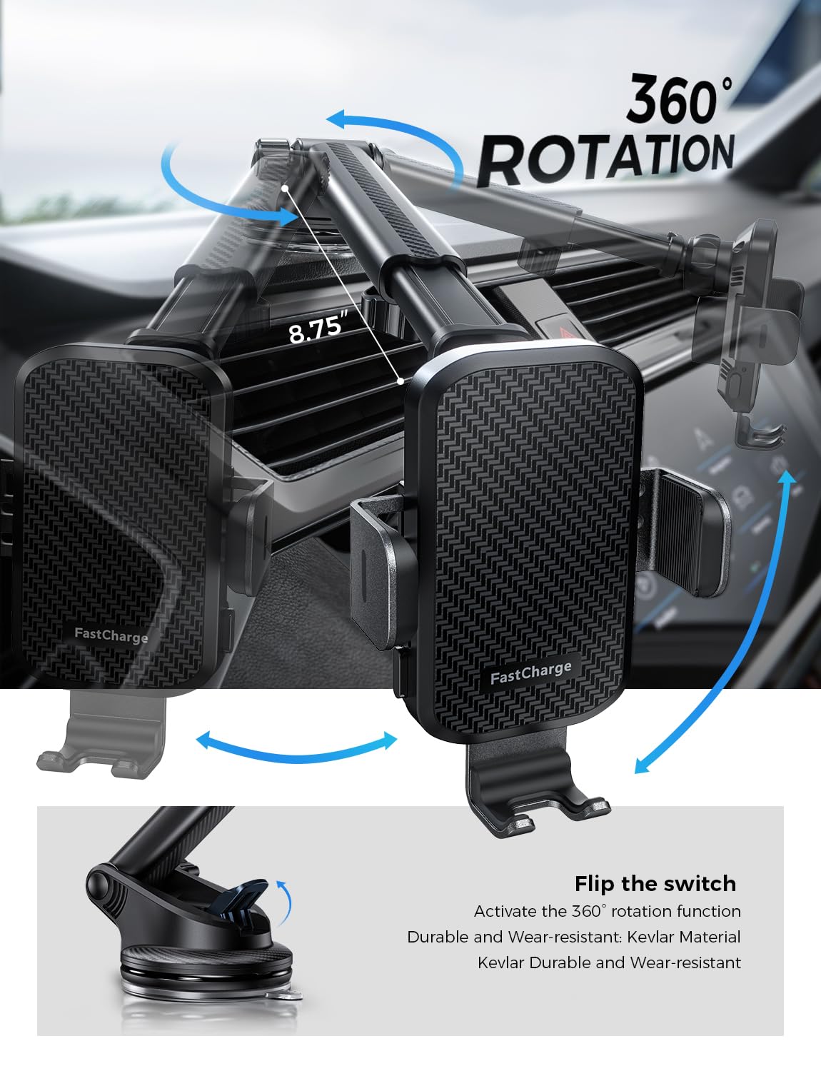CHGeek Wireless Car Charger with Phone Holder Mount, 15W Fast Charging Auto Clamping Phone Holders for You Car Windshield Dashboard Air Vent