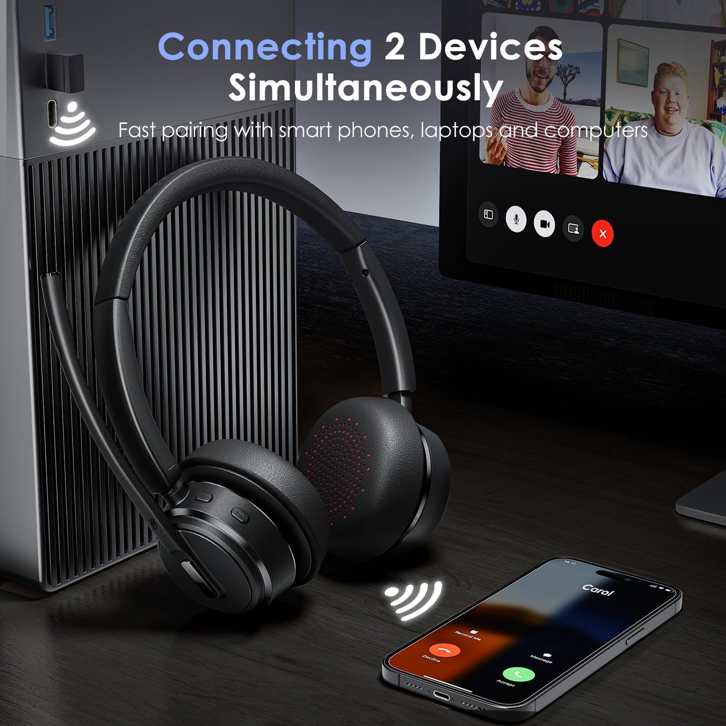 Mopchnic Wireless Headset with Noise Cancelling Microphone, On-Ear Bluetooth Headset with USB Dongle, Mute Function & Charging Base, Wireless