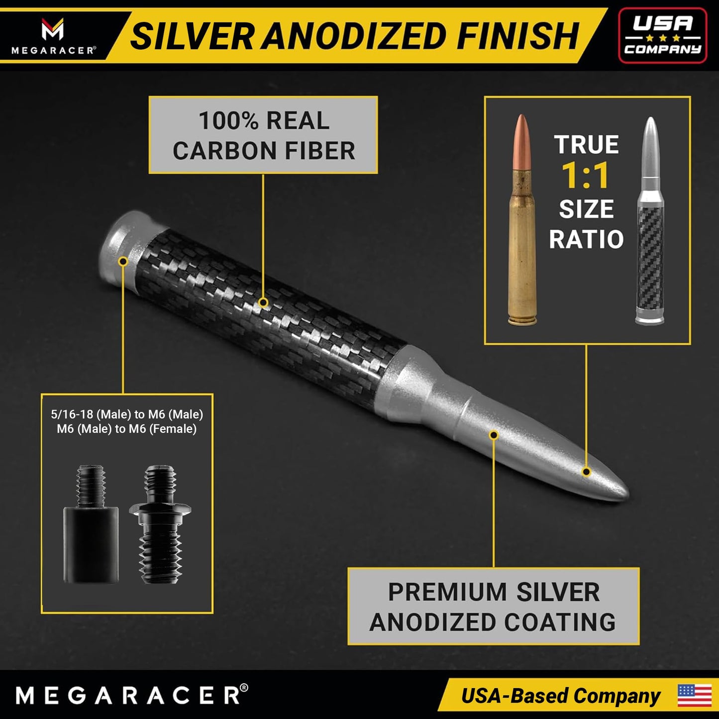 Anodized Silver Carbon Fiber 50 Cal Bullet Antenna for Jeep Wrangler JK JL & Gladiator JT (2007-2024), Rubicon Sahara Willys Mojave 4xe Accessories