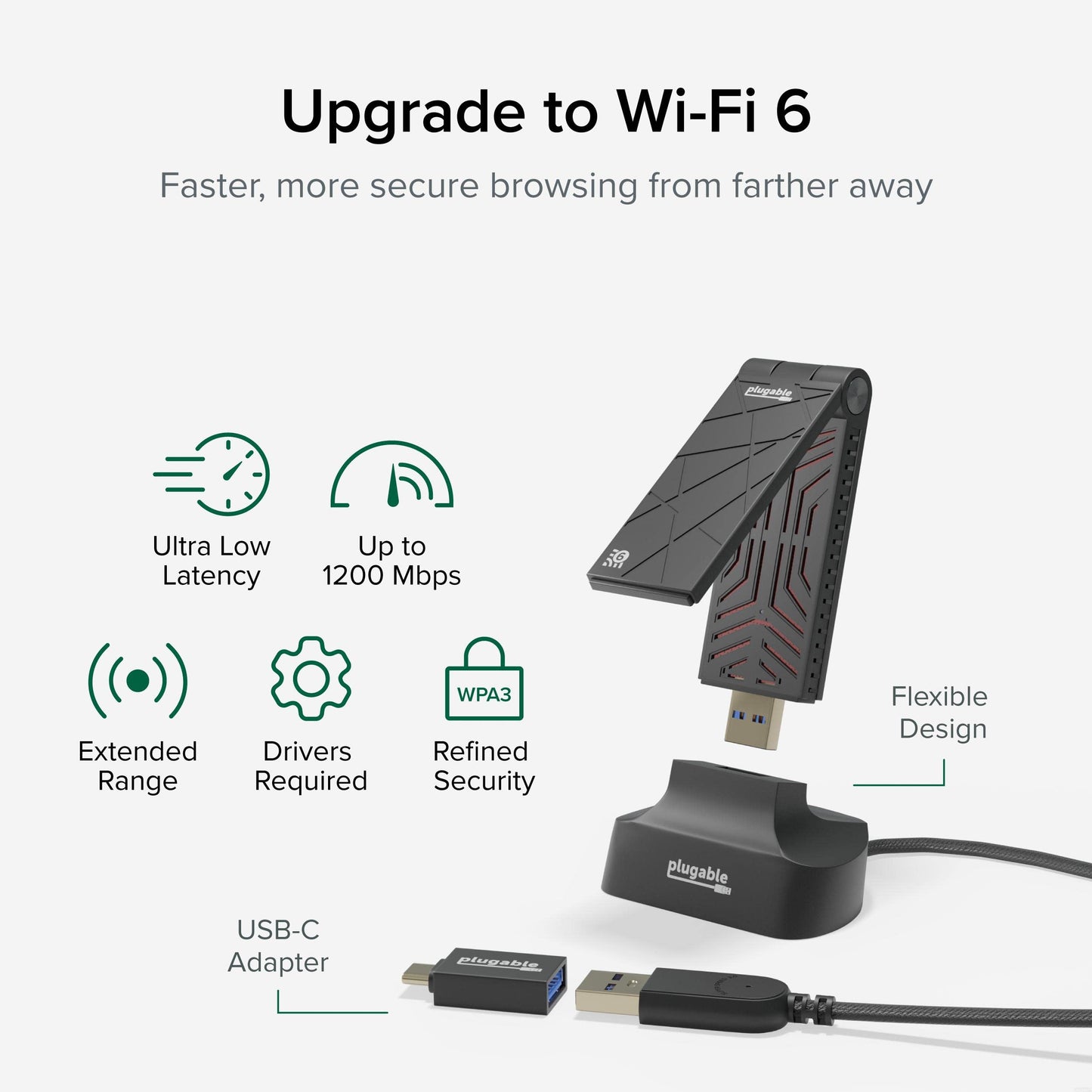 Plugable WiFi 6 Adapter AX1800, USB 3.0/USB-C, Dual Band, Windows 10/11