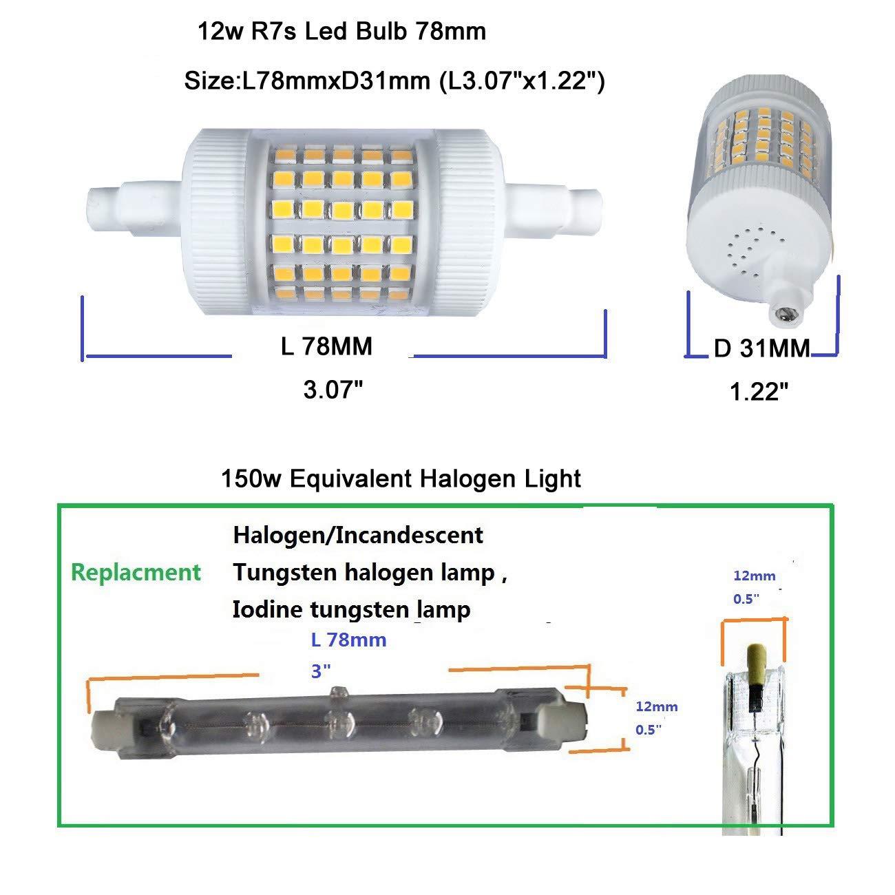 QLEE Dimmable 12W R7s LED Bulb 78mm Daylight 150W Equivalent Halogen 3.1" Double Ended J Base T3 R7s 120V Flooding Reading Working Security Floor Lamp