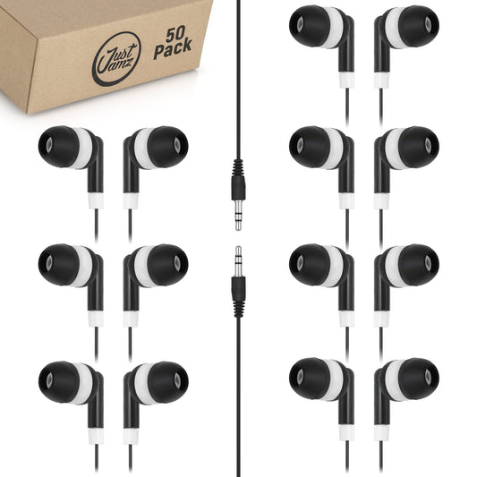 JustJamz Bulk Earbuds 50 Pack | Basic Earbuds, Dot Headphones, Black in-Ear Disposable Headphones, 3.5 MM Audio Jack Stereo Earphones for Schools…