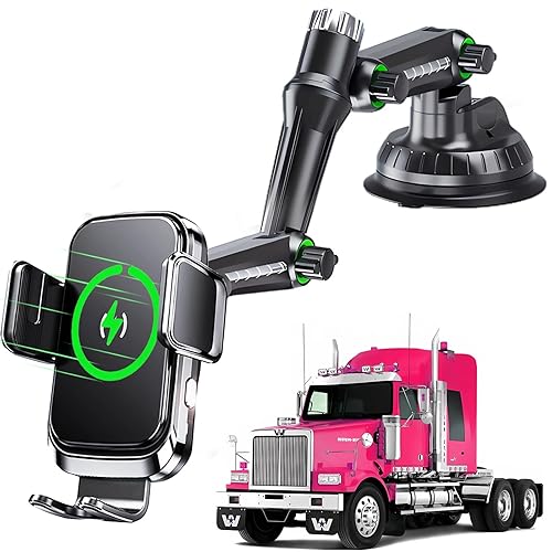 WCKESI Wireless car Charger Phone Mount Holder for Trucks and Large SUVs, 10-Inch Long Arm 15W Qi2 Fast Charging Heavy Duty Truck Vacuum Phone Holders