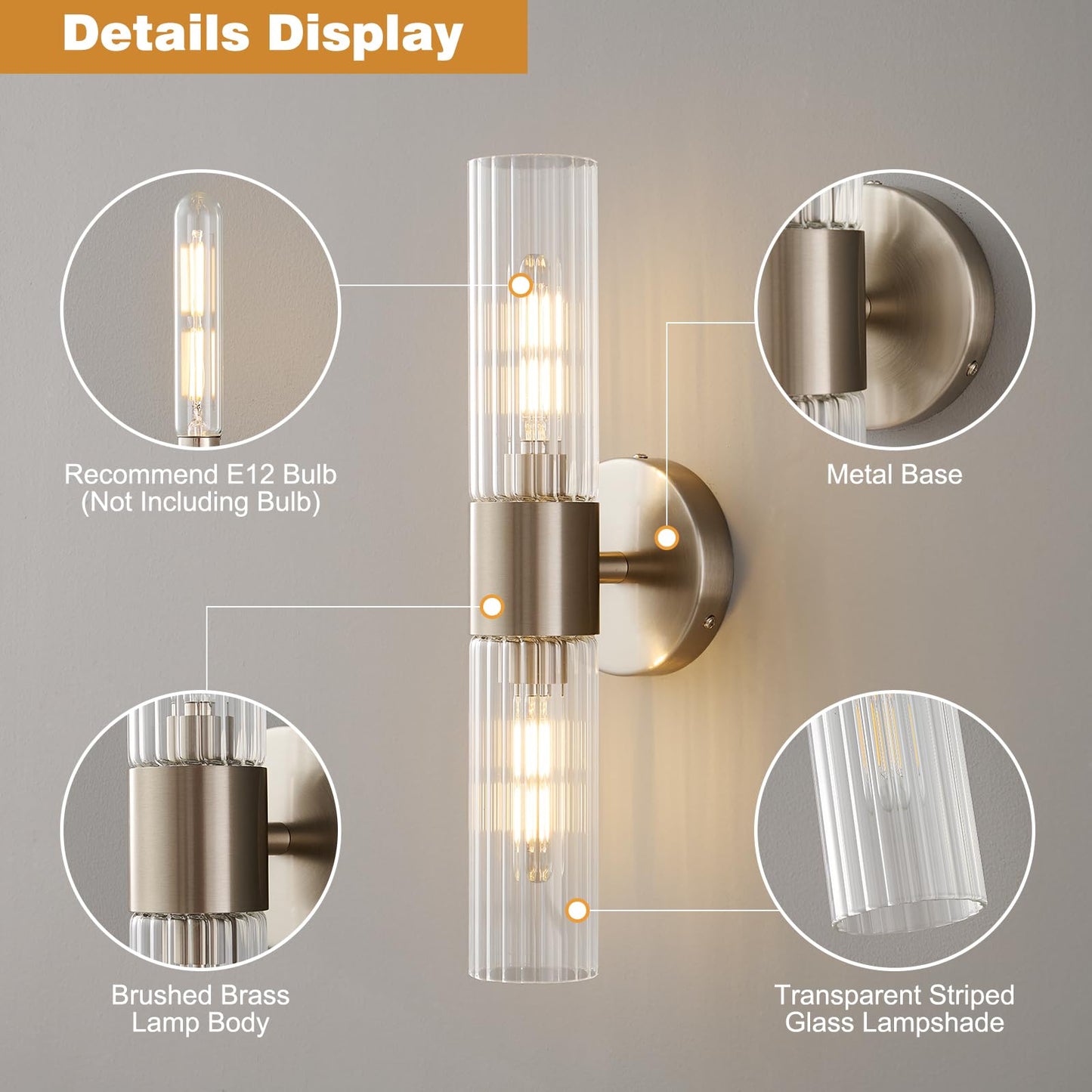 Timeweave Wall Sconces Set of Two, Bathroom Light Fixtures 2-Light, Modern Vanity Light for Bathroom, Wall Light with Glass Rods Shades for Mirror