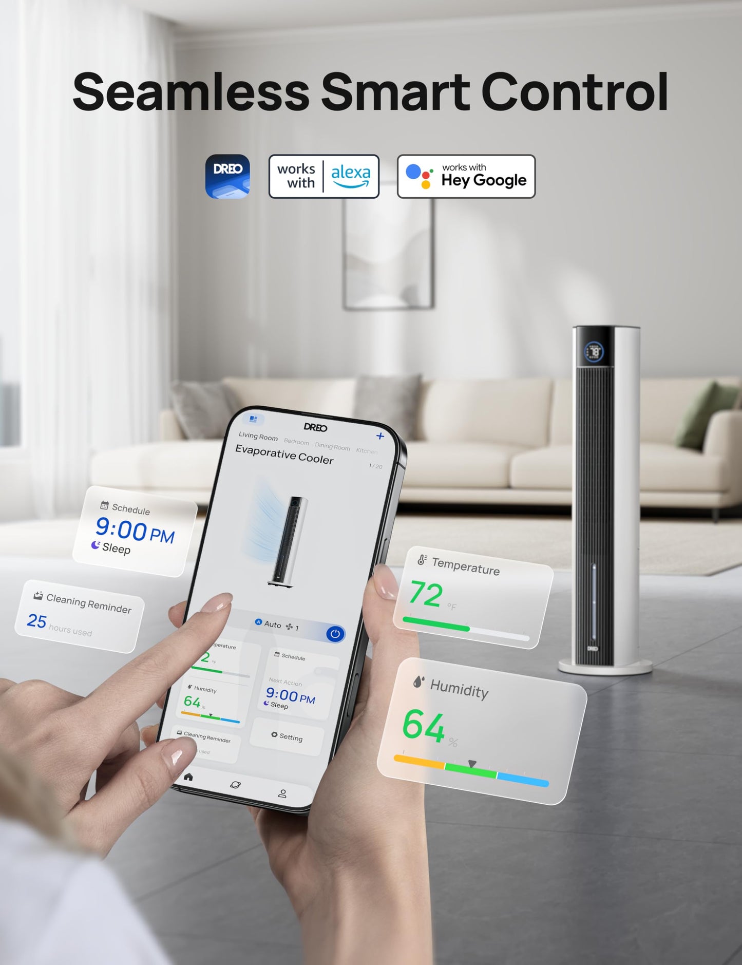 DREO Tower Fan for Bedroom, 43" Cooling Fans That Blow Cold Air 2025 Upgraded, Evaporative Air Cooler, Quiet 85° Oscillating Floor Fan, Easy Cleaning