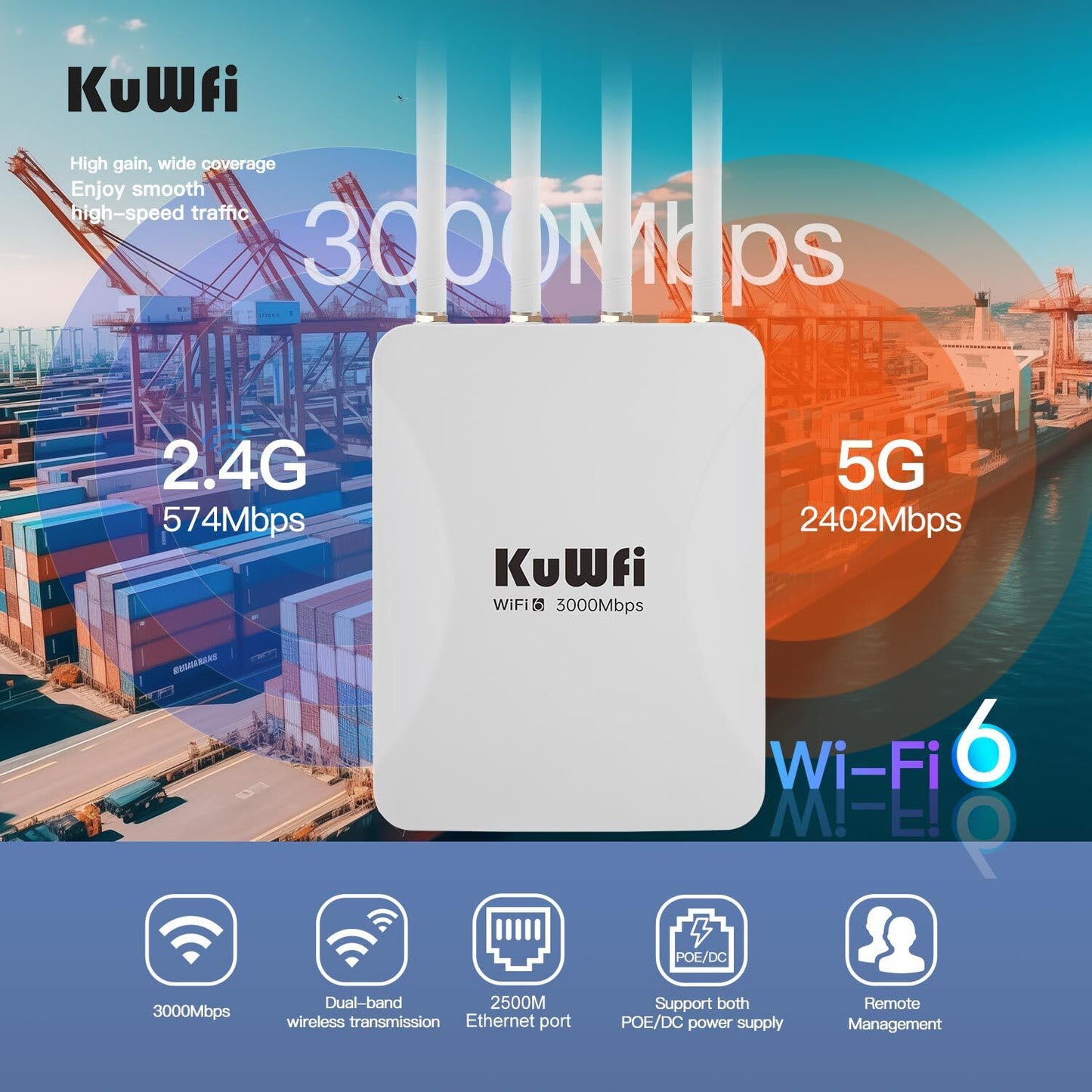KuWFi 2.5Gbps AX3000 Outdoor WiFi 6 Extender, Long Range Outdoor WiFi Extender Signal Booster, IP65 Weatherproof Outdoor Wireless Access