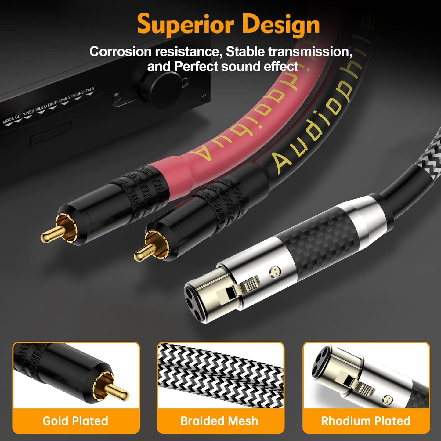 Moonsaudio Balanced Audiophile Audio 2RCA Male to Dual XLR Female Connections Cables, HiFi Interconnect Cable for Home Theater, HDTV, Amplifiers,Hi-Fi