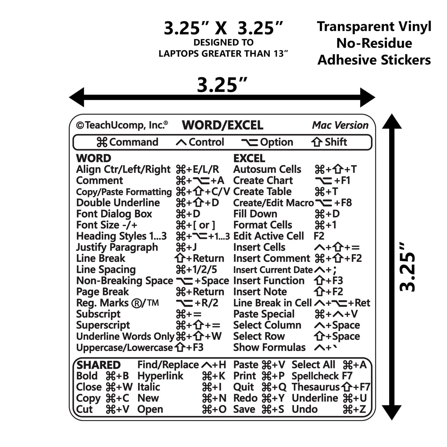 TEACHUCOMP Keyboard Shortcuts Sticker for Microsoft Word and Excel 2022 (for Mac OS) Training Aid Cheat Sheet- Vinyl, Laminated, No-Residue Adhesive