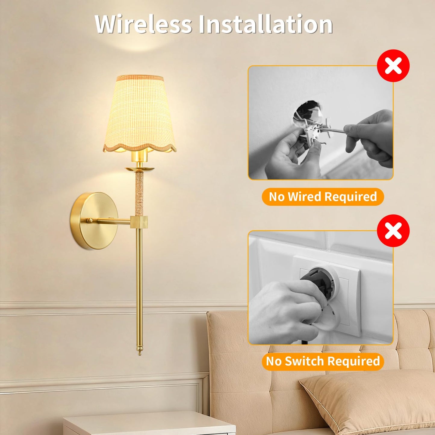 KernLite Boho Battery Operated Wall Sconce Set of 2, Gold Wireless Rechargeable Wall Lights with Rattan Shade, 12 RGB and 3CCT Dimmable Cordless Wall