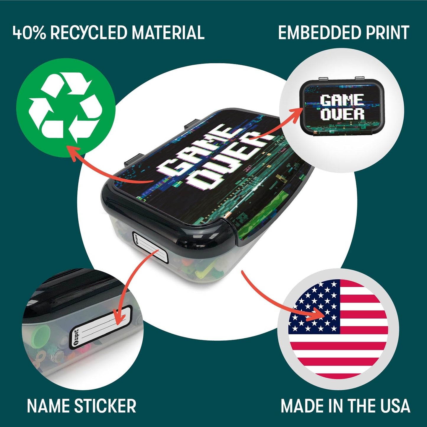 ZIPIT Recycled Plastic Pencil Box for Boys, Large Capacity Pencil Case for School, Durable Stationery Organizer Box, Gamer