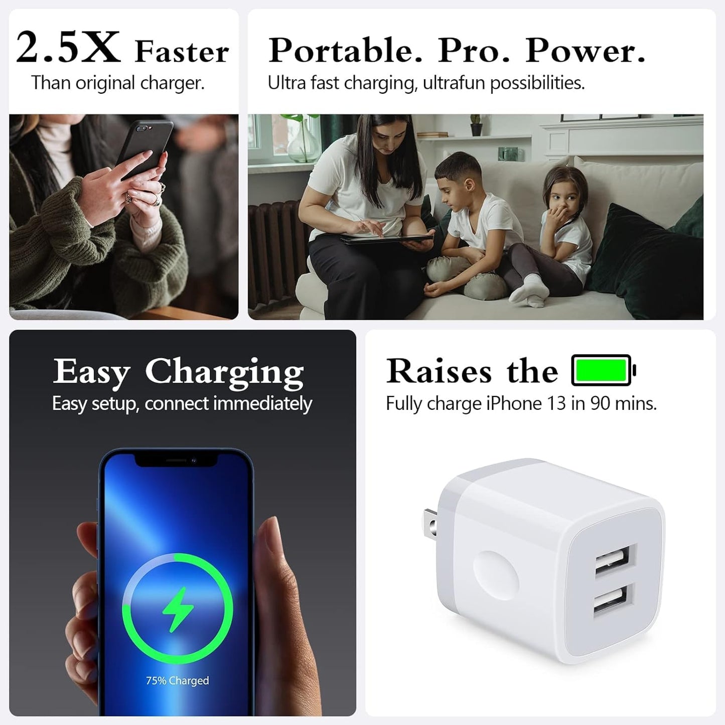 Wall Charger,USB Brick 3Pack 2.1A/5V Dual Port USB Plug Charger Cube Power Adapter Fast Charging Block for iPhone 17 16e 16 15 14 13 12 Pro Max 8 7 6