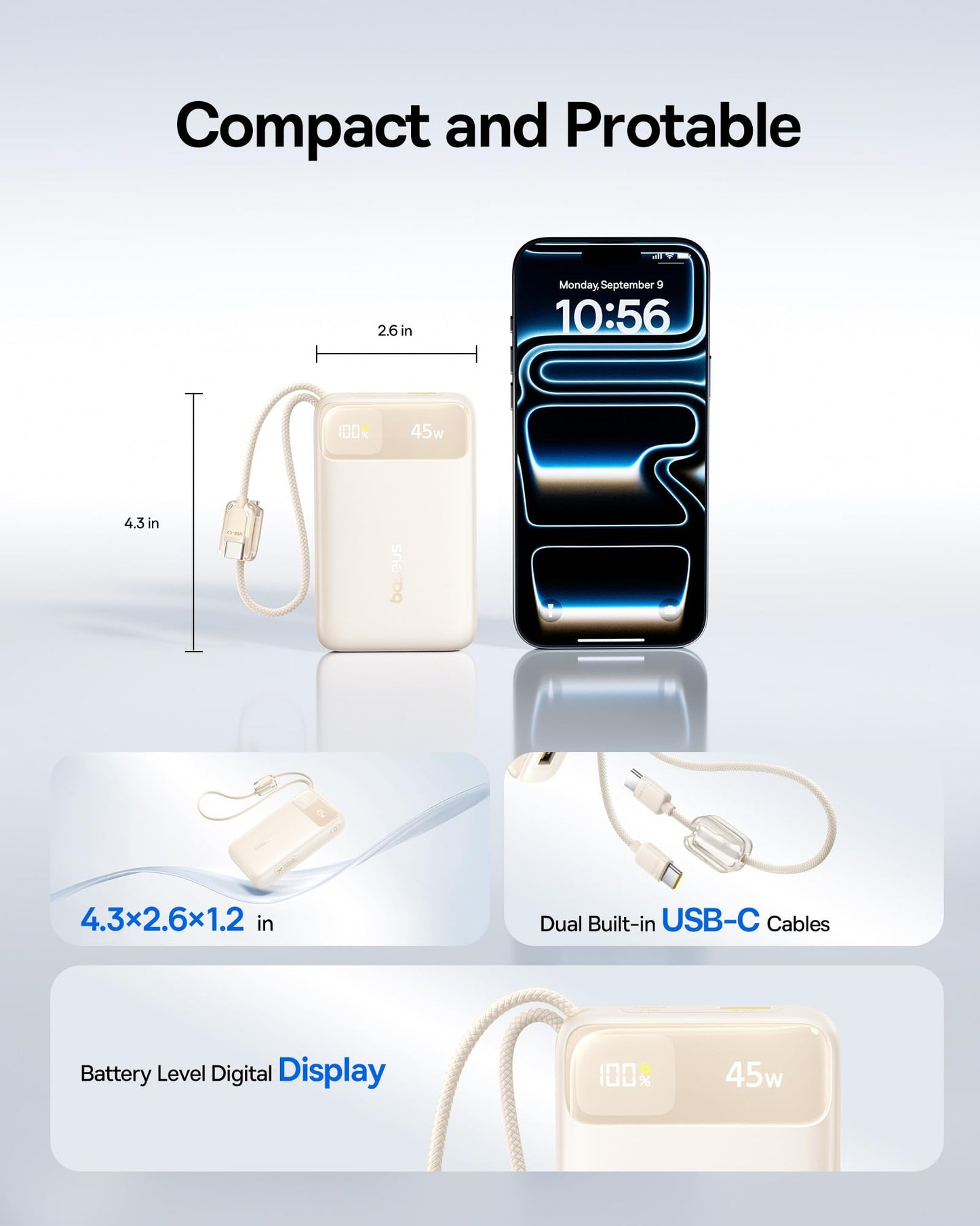 Baseus 20000mAh Compact Portable Charger 45W, CCC Certified Power Bank Built-in USB-C Cables, Travel Essential PD Fast Charging Battery Pack