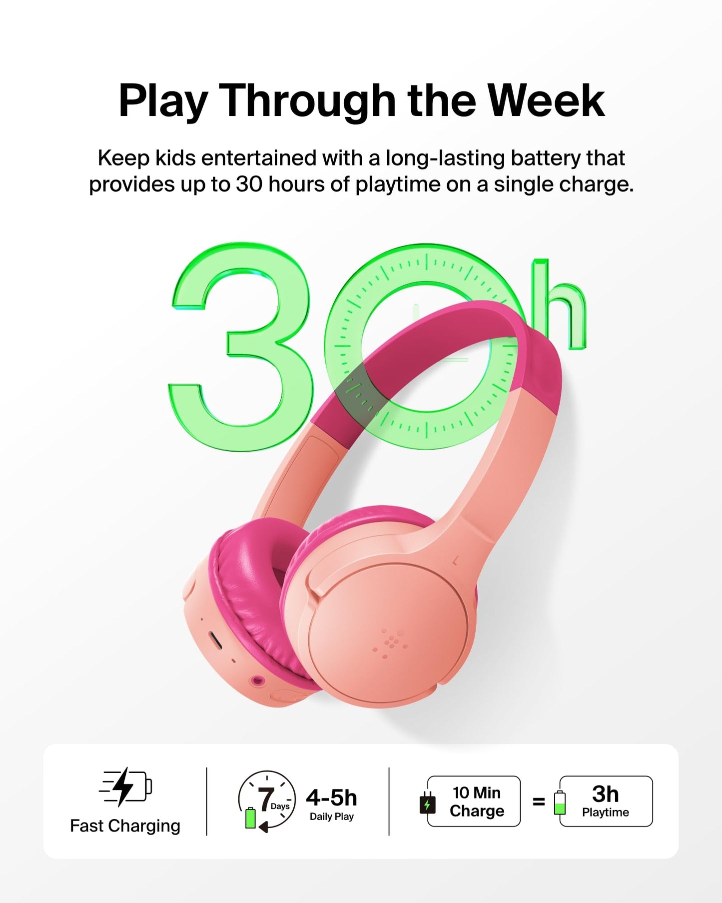 Belkin SoundForm Mini w/Case - Wireless Bluetooth Kids Headphones with 30H Battery Life, 85dB Safe Volume Limit, Built-in Microphone - Kids On-Ear…