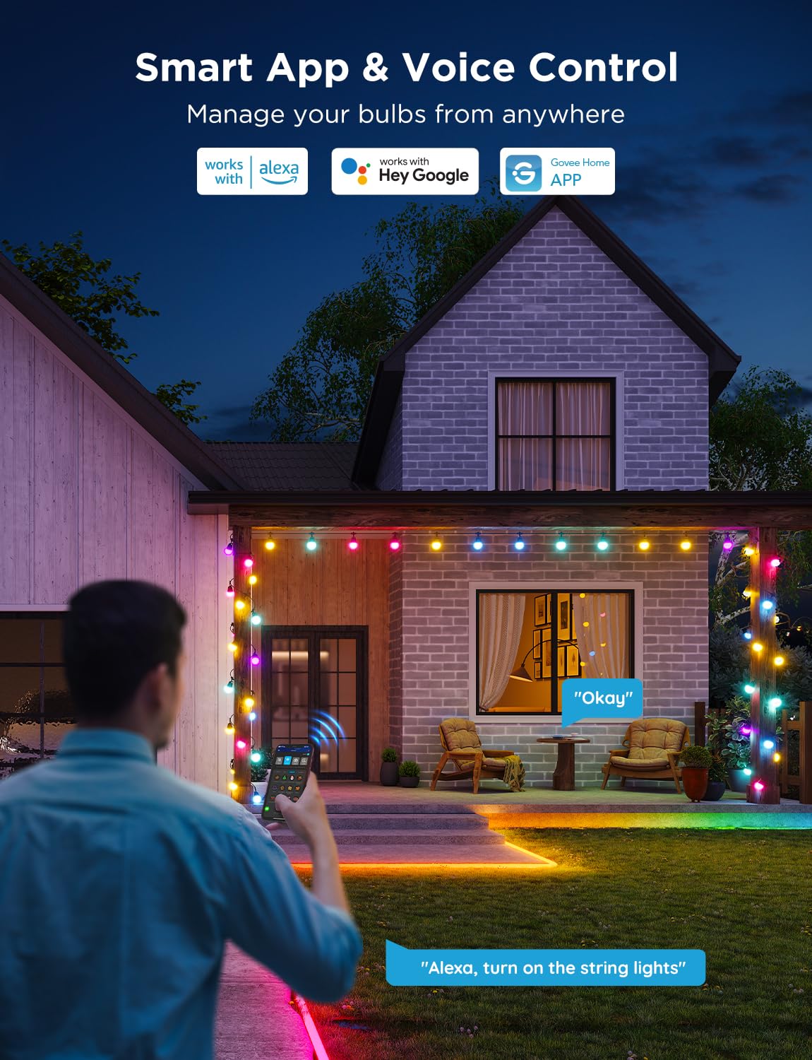 Govee Smart Outdoor String Lights 2, 144ft Outdoor Lights with Dimmable Warm White LED Bulbs, 47 Scene Modes for Patio, Backyard, Balcony, IP65