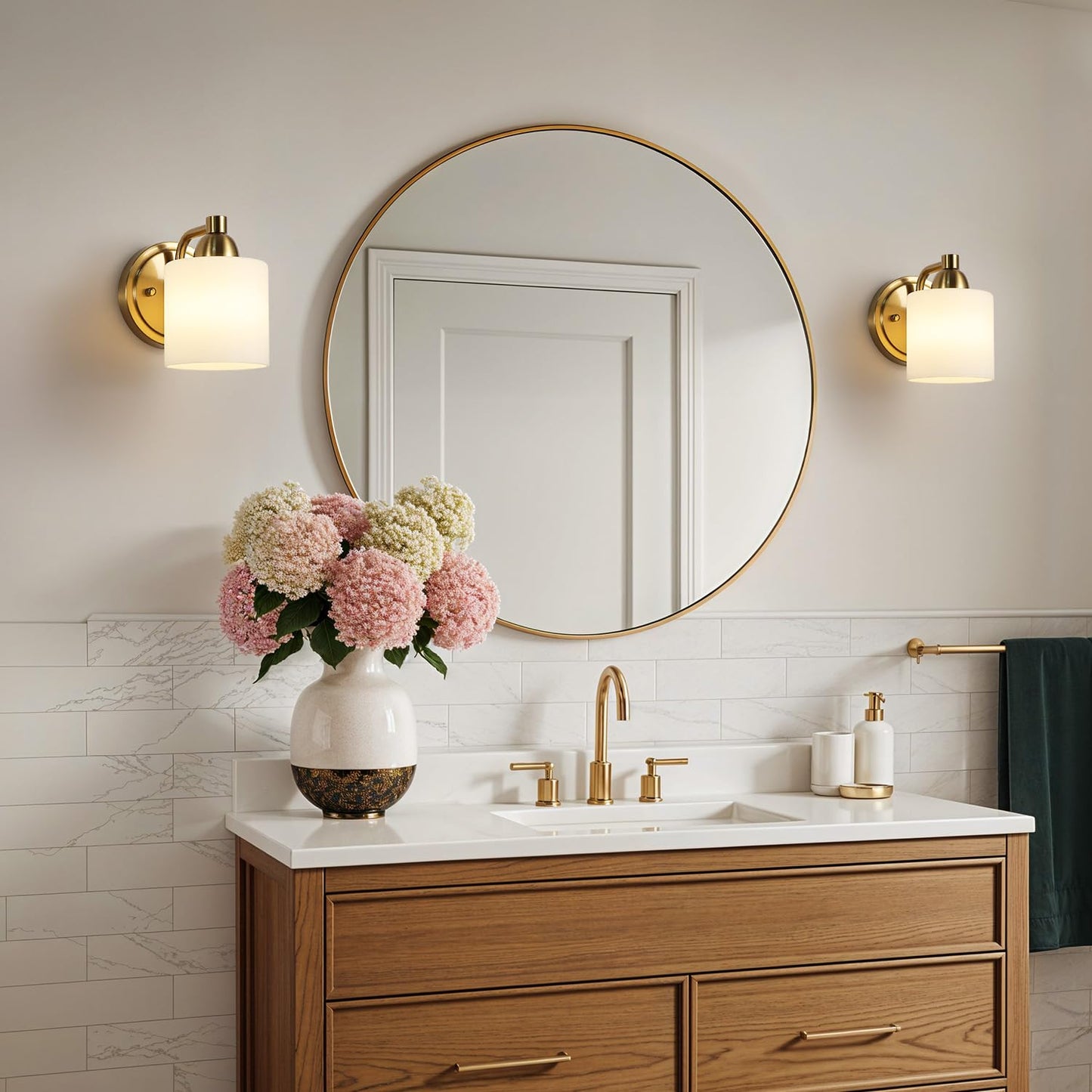 Mecgirn Gold Milk Glass Wall Sconces, 1 Pack Hardwired Indoor Wall Light Fixtures for Living Room, Hallway, Bedroom, Ceramic E26 Sockets (Bulbs Not