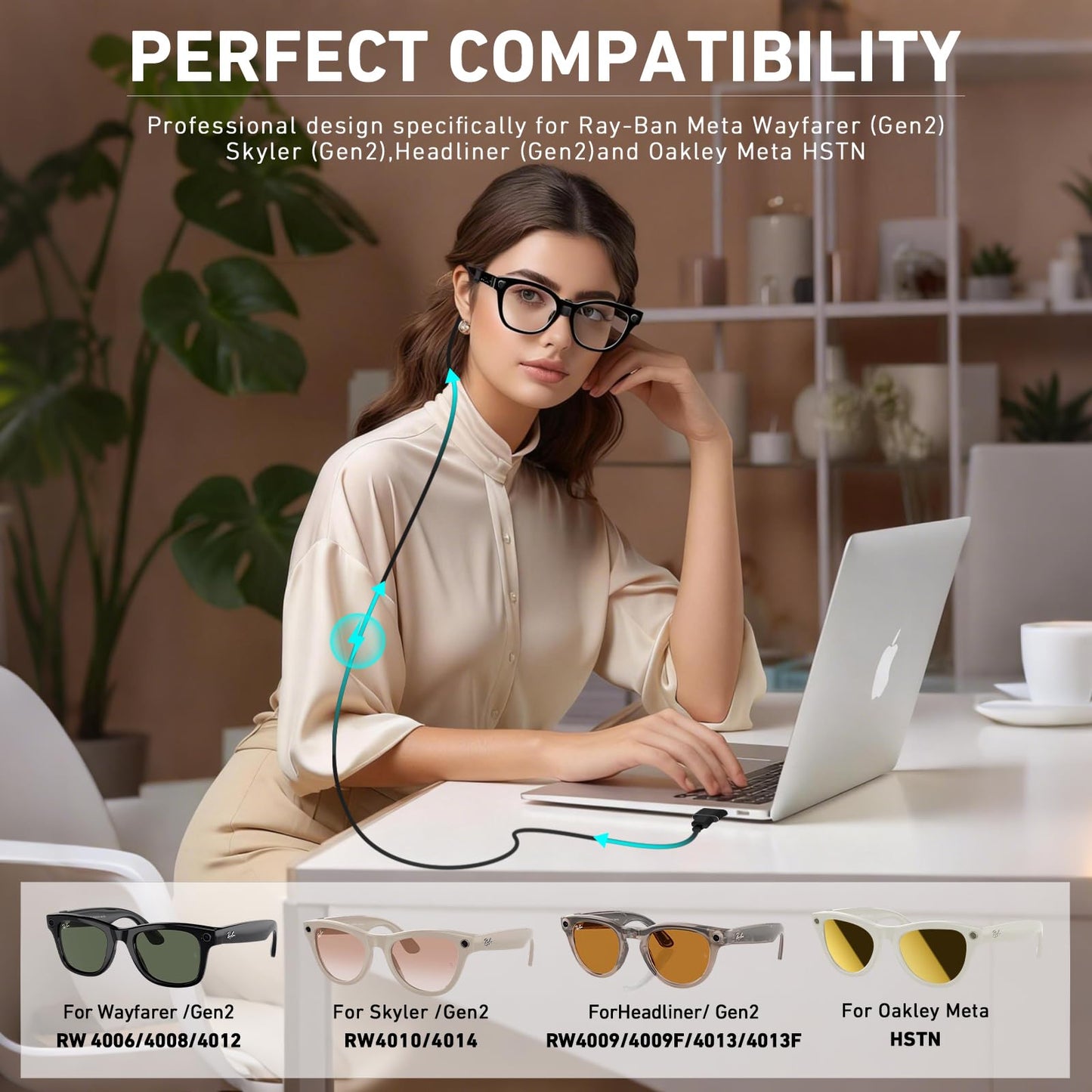 Amanely Charging Adapter Cable for Ray-Ban Meta 2 & Oakley AI Glasses, 3.9ft Temple-Inserted Fast Charging for Wayfarer/Headliner/Skyler/HSTN