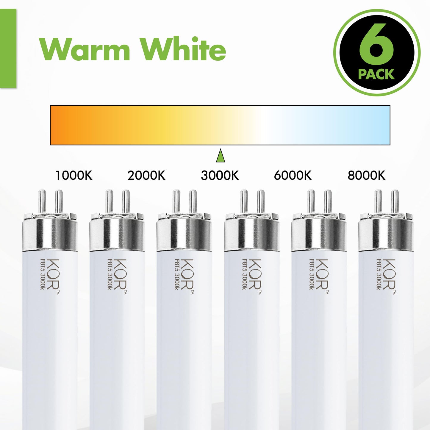 KOR F8T5/WW T5 Fluorescent Tube Light Bulbs, 8W, 3000K, 6-Pack