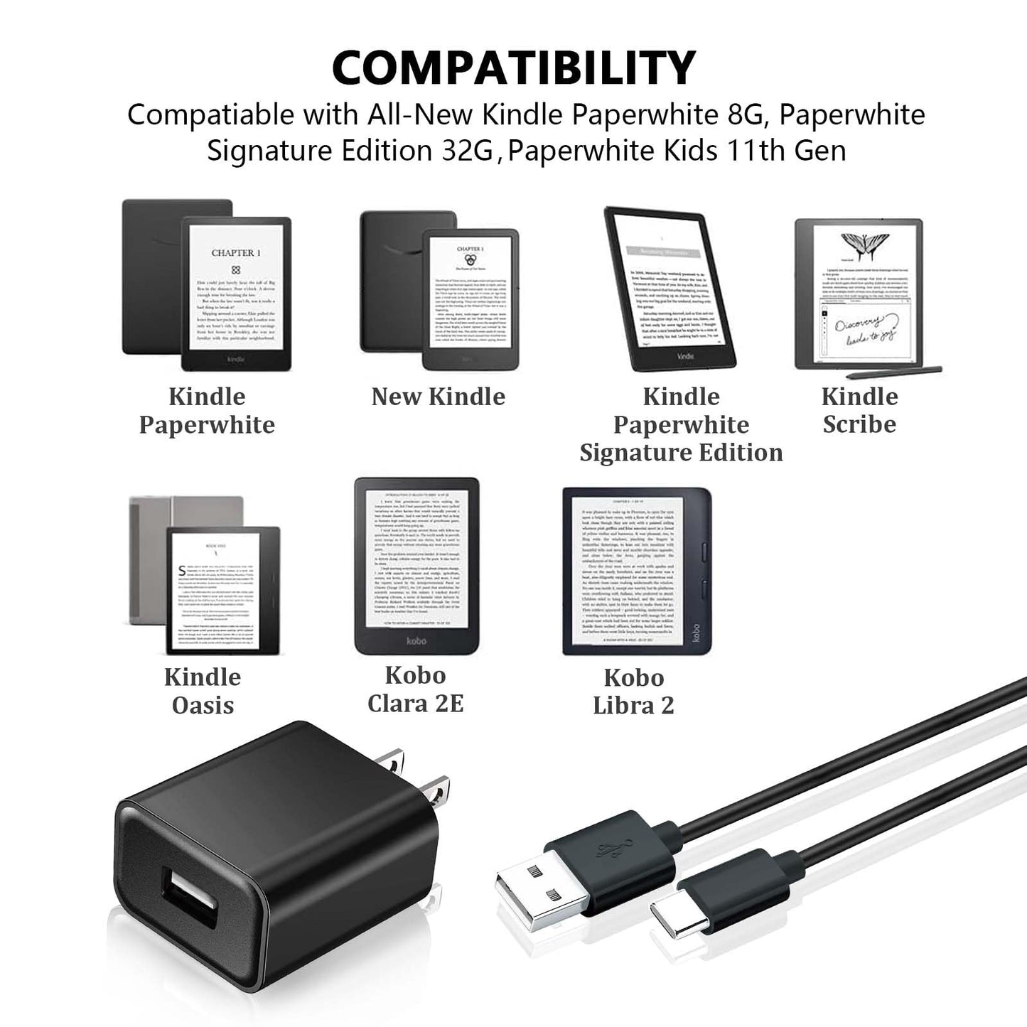 5FT USB-C charging cable with matching USB charger for the new Kindle Paperwhite Signature Edition (32 GB), Paperwhite (8 GB), and Kindle Paperwhite