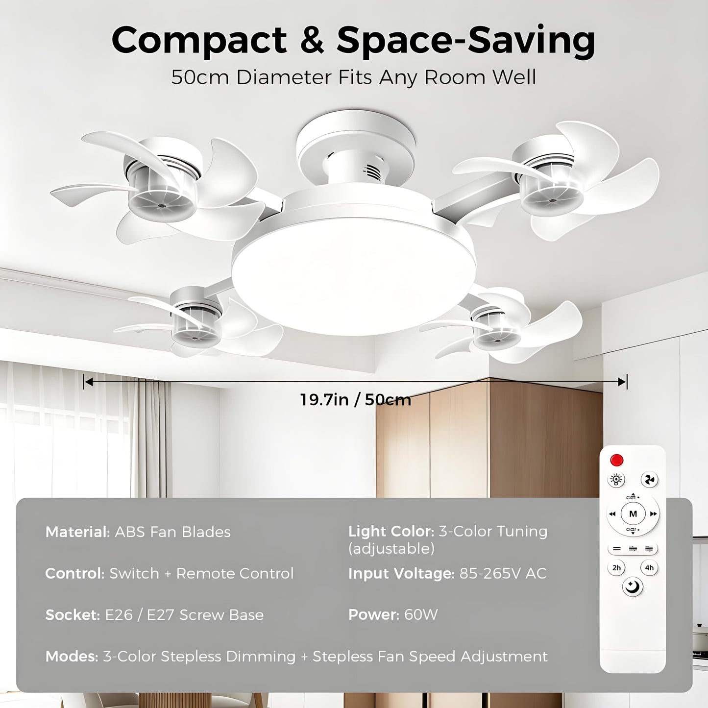 Ceiling Fan Light, Remote Control 3 Speeds Fan with LED Light 3 Color