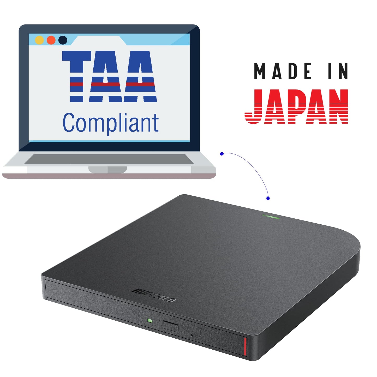 BUFFALO 6X Portable Blu-ray Drive, TAA-Compliant, Read/Write, Plays and Burns BD/DVD/CD, USB 3.2 (Gen 1) Type-A/Type-C, Compatible with Mac/PC/Win 8 /