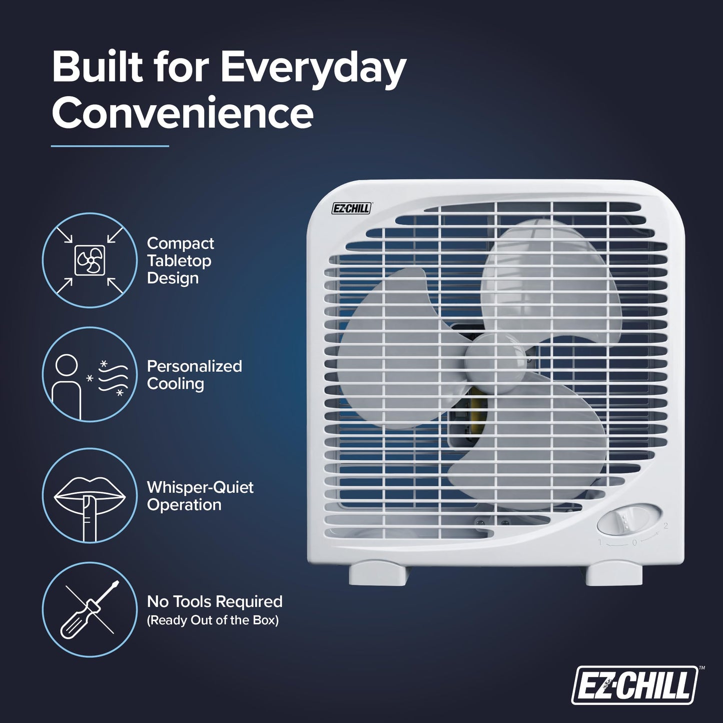 EZ-CHILL 9" Electric Portable 2-Speed, Quiet Box Fan, Ideal for Home, Bedroom, Dorm, & Office, BP-9B