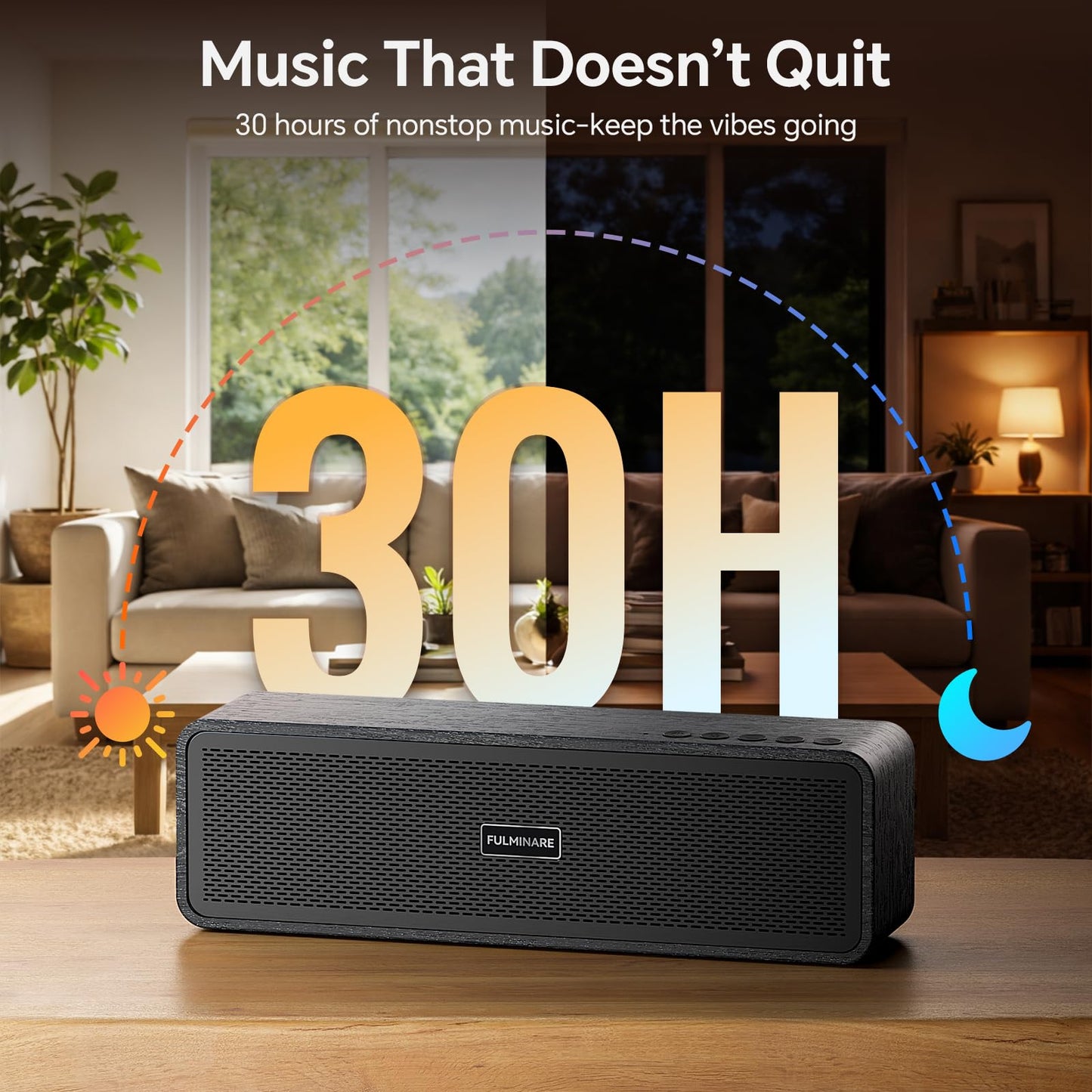 FULMINARE Portable Bluetooth Speaker for Home, Wooden Housing, 50W Deep Bass Stereo Sound, Bluetooth 5.3, 30H Playtime, 4-in-1 Playback, IPX5