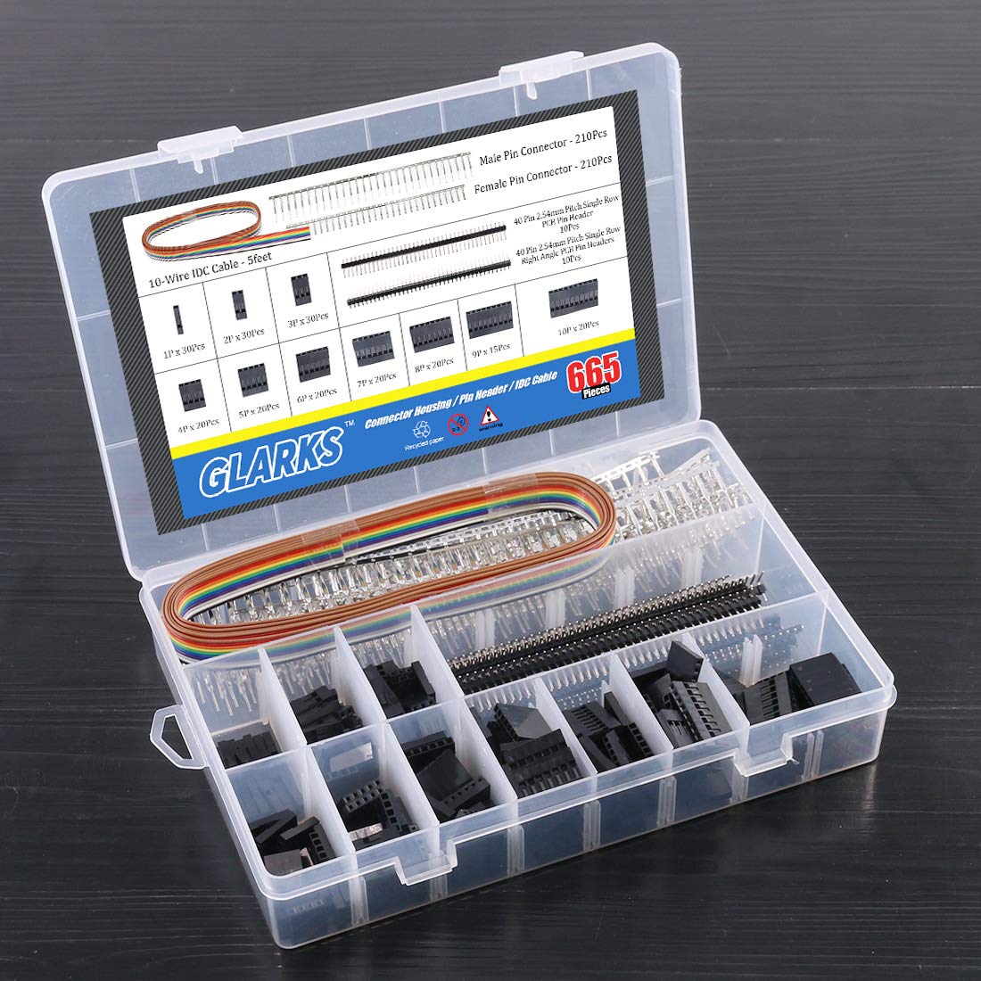 Glarks 635Pcs Connector Housing Male/Female Pin Connector 40 Pin 2.54mm Pitch Pin Headers and 10 Wire Rainbow Color Flat Ribbon IDC Wire Cable
