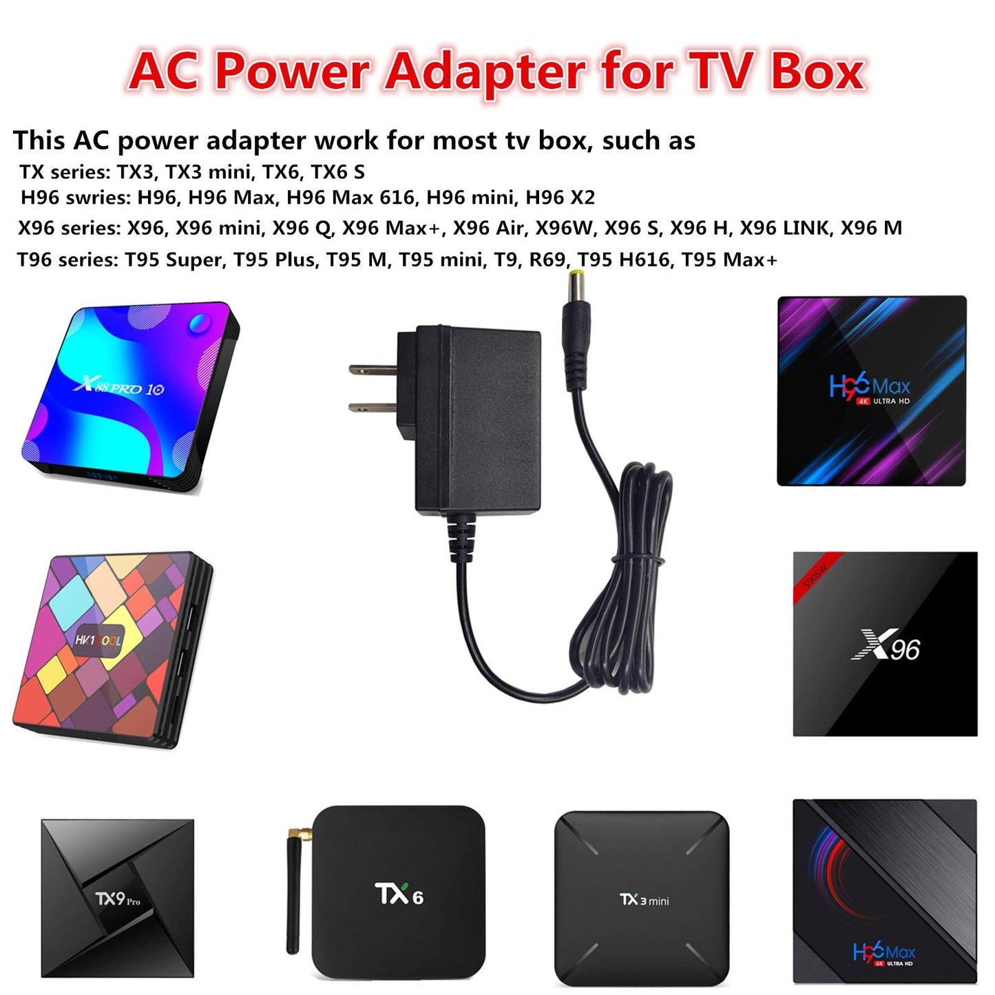 AC Power Supply for Android TV Box Original US Plug Adapter Wall Charger Cable Cord100-240V to DC 5V 2A Power Supply DC Connector Jack 5.5mm x 2.1mm