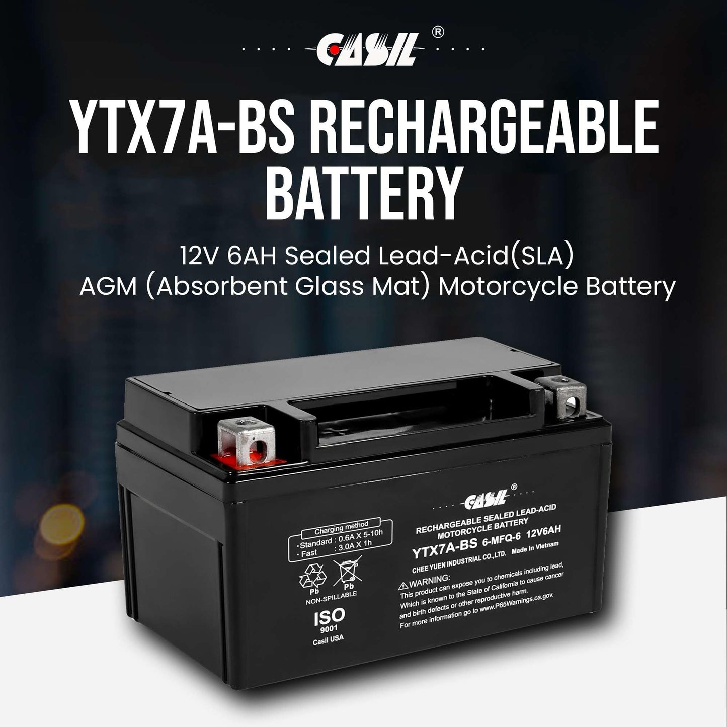YTX7A-BS Battery 12V 6AH 105 CCA High Performance AGM SLA Power Sport Battery by Casil Battery