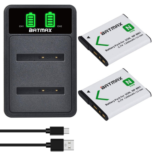 Batmax 2Pcs NP-BN1 NPBN1 Battery + Quick LED Dual Charger for Sony Cyber-Shot DSC-W800 DSC-W830 DSC-TF1 DSC-TX10 TX20 TX30 DSC-QX10 QX30 QX100