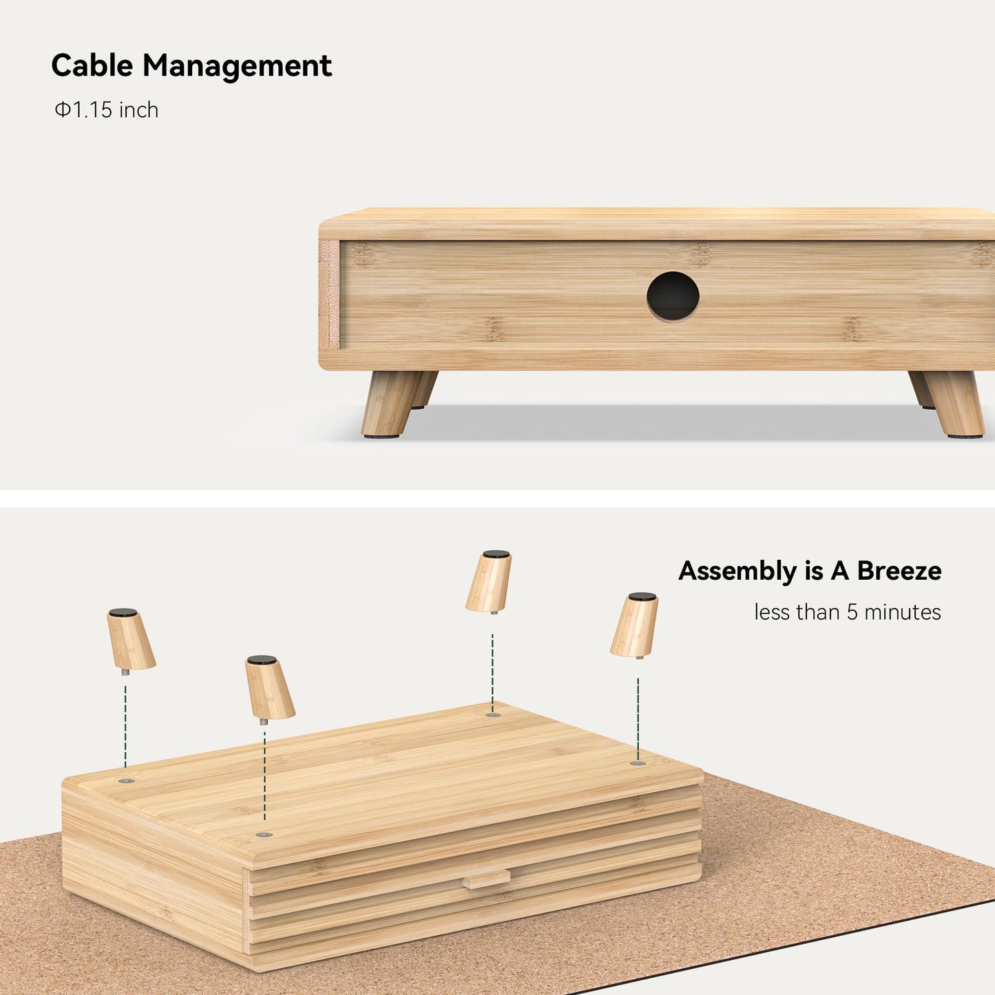WELL WENG Bamboo Monitor Stand with Drawer - Desk Organizer with Cable Management & Storage, Ergonomic Laptop Riser for Home Office (220lbs Capacity