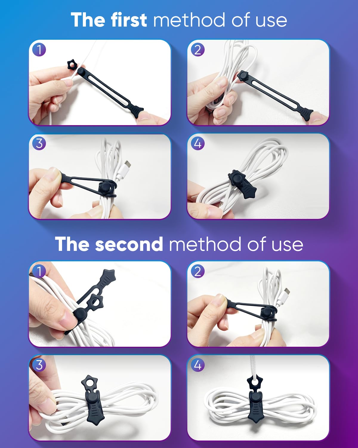 Quick Bind-Silicone Cable Ties Reusable, Cord Organizer for Charging Cables, Data Cables & Computer Wires, Multipurpose Elastic Cable Management