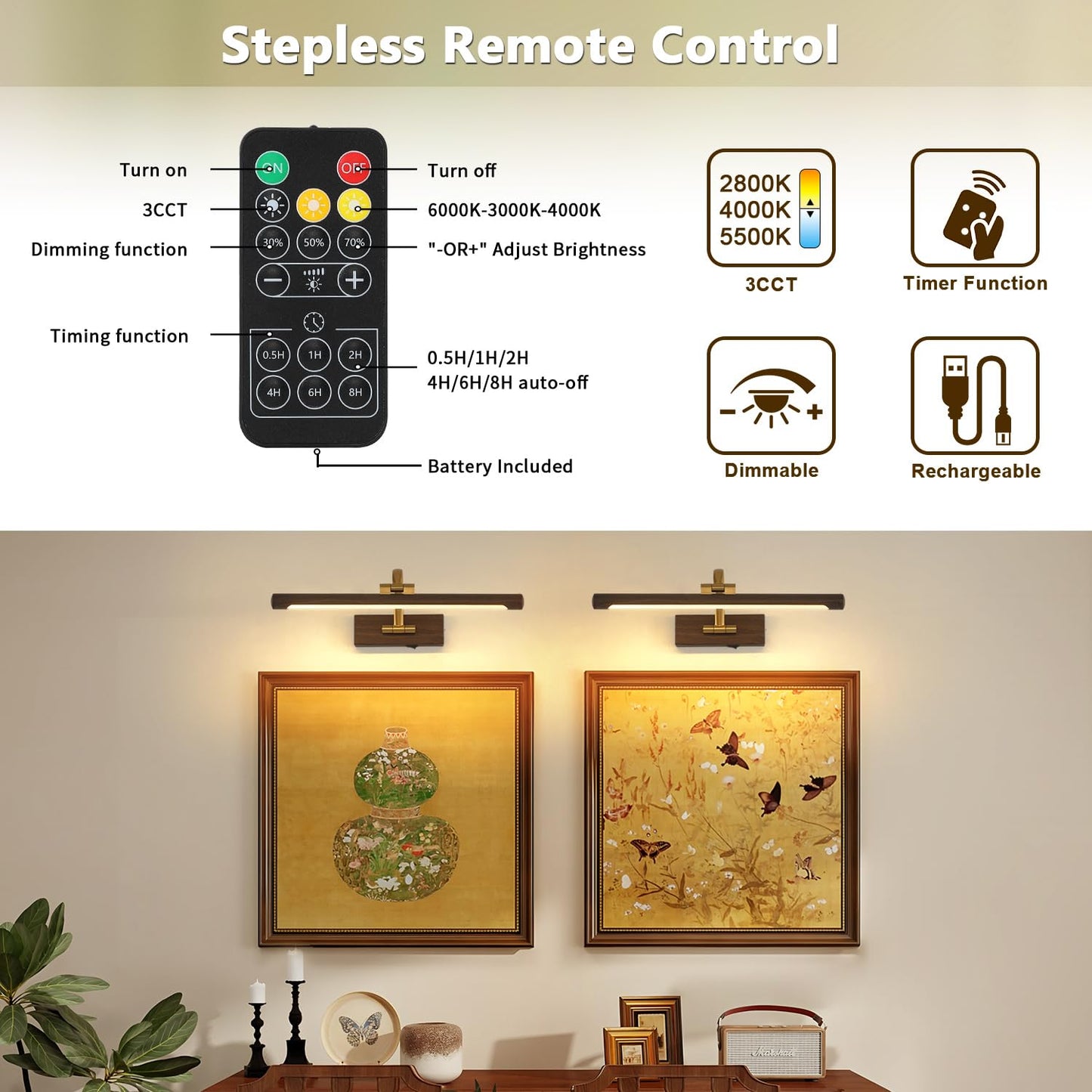 DESOOP Picture Lights for Wall Battery Operated, 3CCT Dimmable Gallery Light with Remote and Timer Wood Grain Finish Art Lighting for Paintings