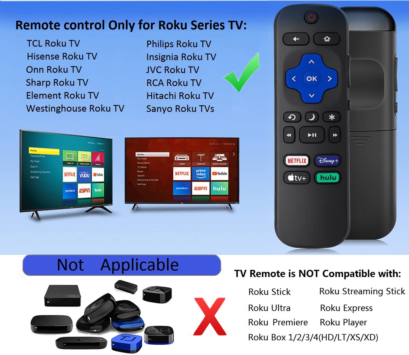 Roku TV Remote Replacement with Protective Case, Remote Control for TCL Hisense Onn Sharp Philips Element RCA Roku TVs, No Programming Needed