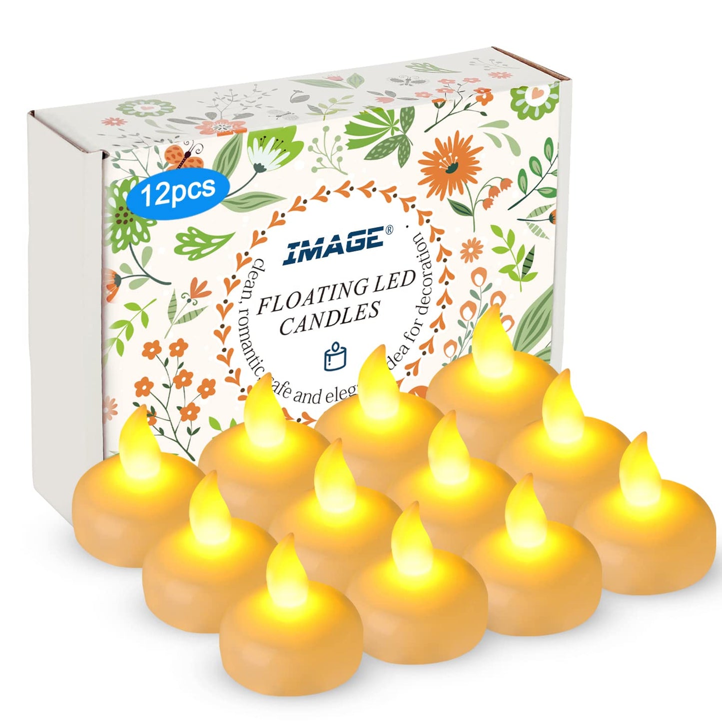IMAGE Floating Candles, Flameless Floating LED Tea Lights 12 Pack Waterproof Tealight Candles for Wedding Party Spa Home Indoor Outdoor Decor-Yellow