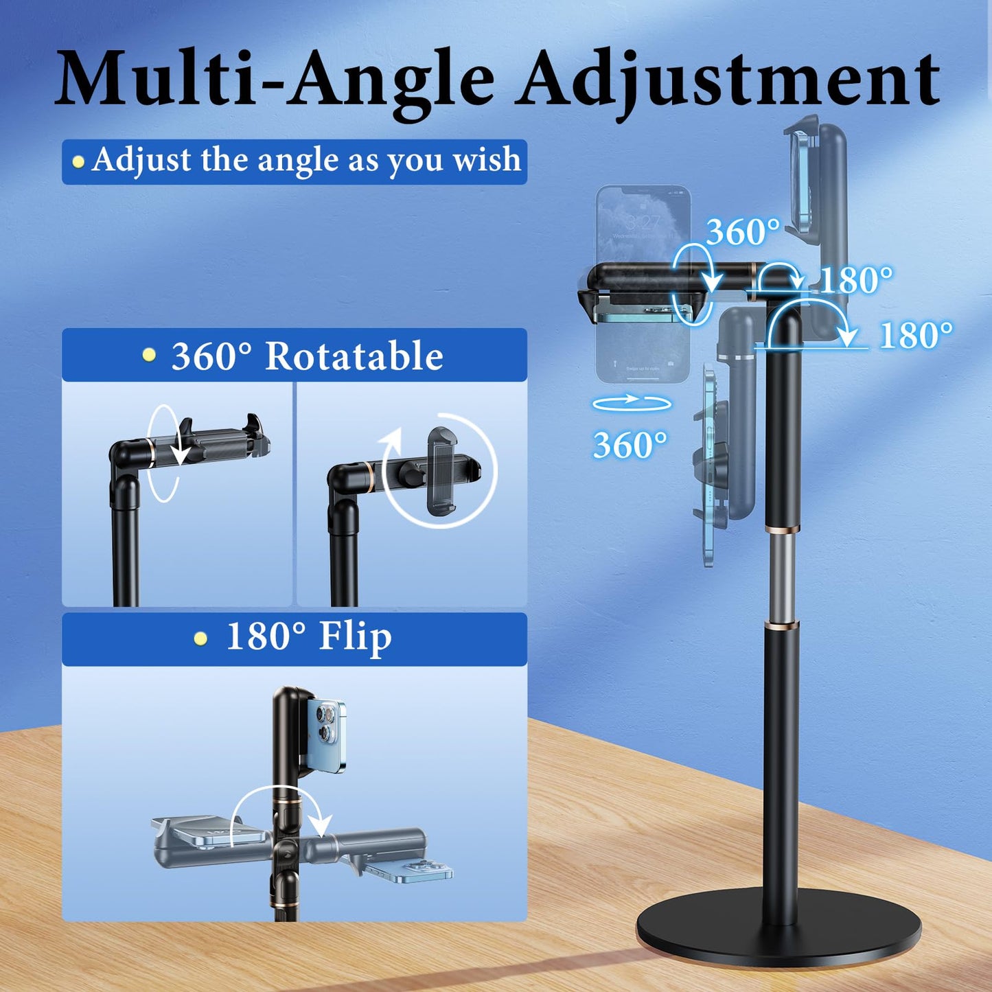 nediea Retractable Phone Stand for Desk,10.2-24.4in Height Adjustable Rotating Phone Holder for Recording,Aluminium Overhead Phone Mount for iPhone
